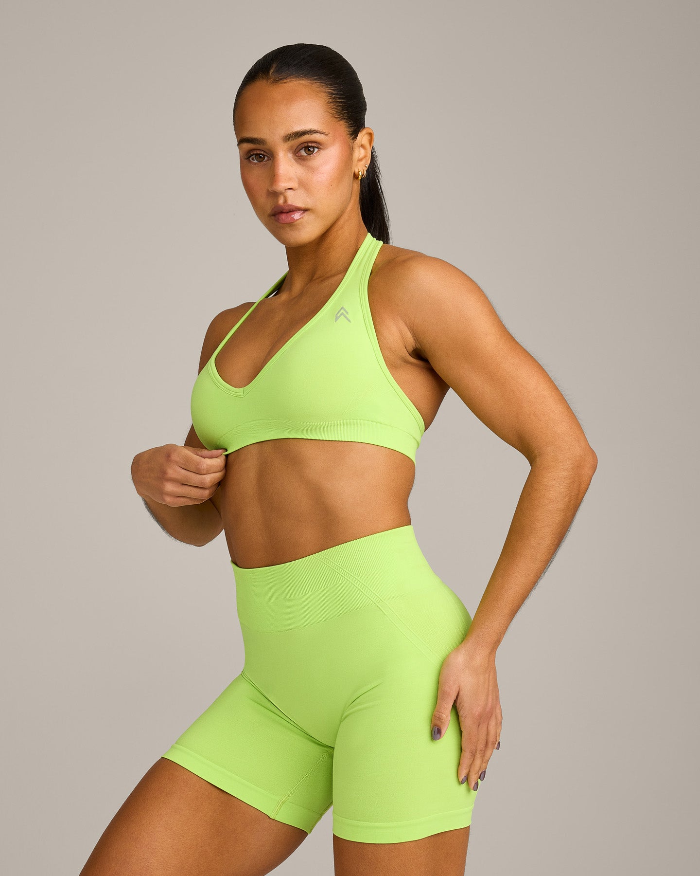EffortlessLift Seamless Halter Neck Sports Bra with Grey Logo | Citrus Green