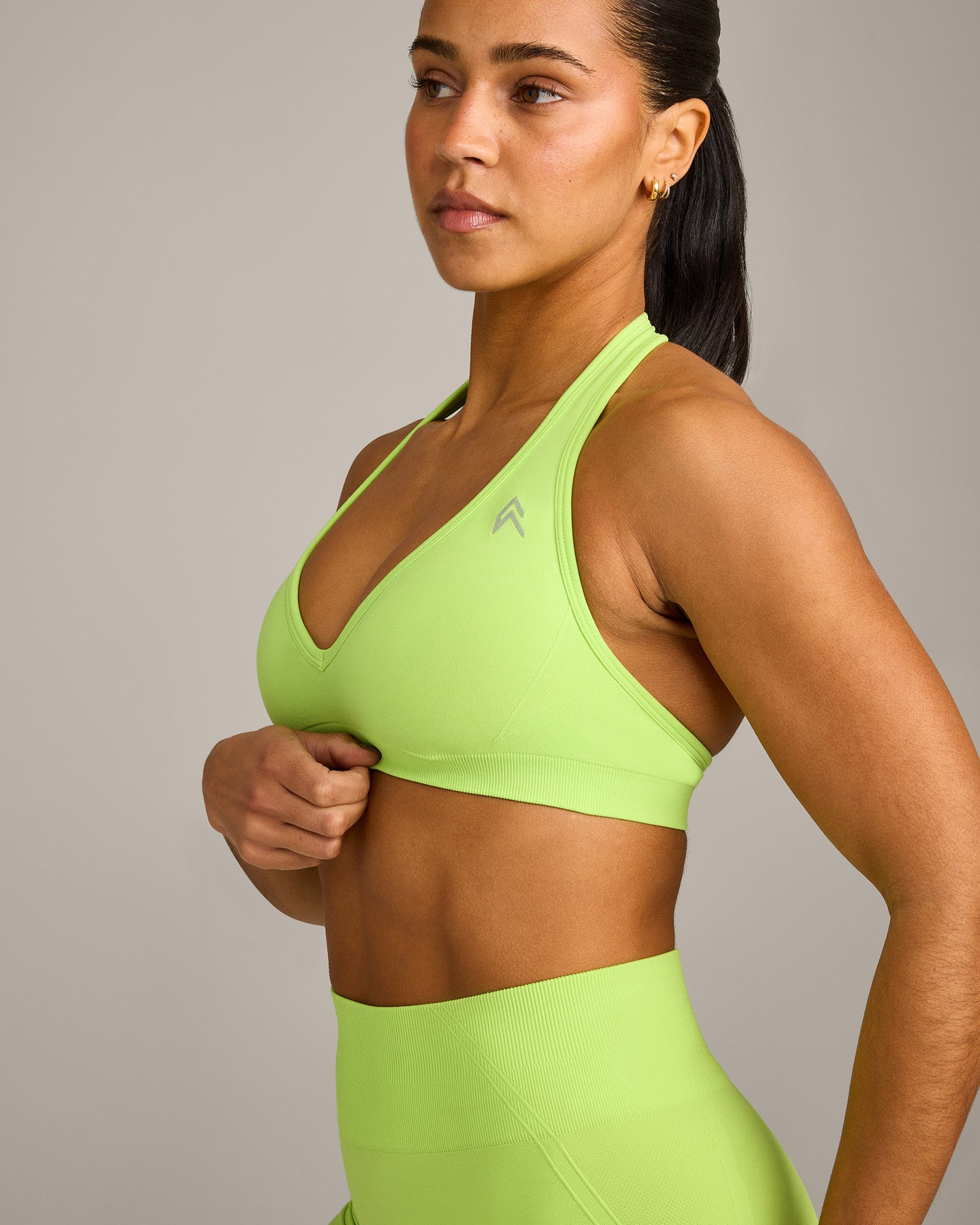 EffortlessLift Seamless Halter Neck Sports Bra with Grey Logo | Citrus Green - Image 5
