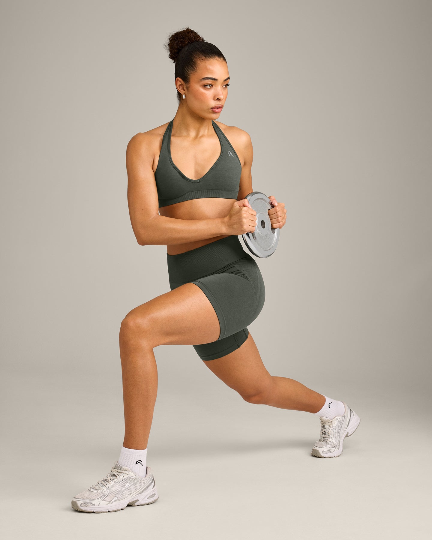 EffortlessLift Seamless Halter Neck Sports Bra with Grey Logo | Dark Khaki - Image 3