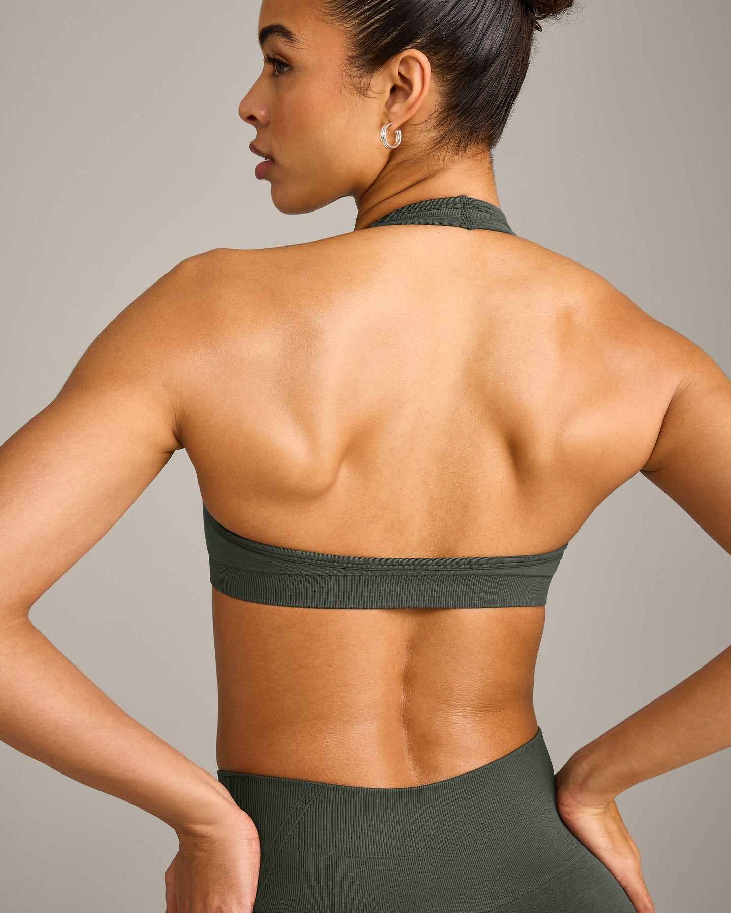 Alternative view of EffortlessLift Seamless Halter Neck Sports Bra with Grey Logo | Dark Khaki