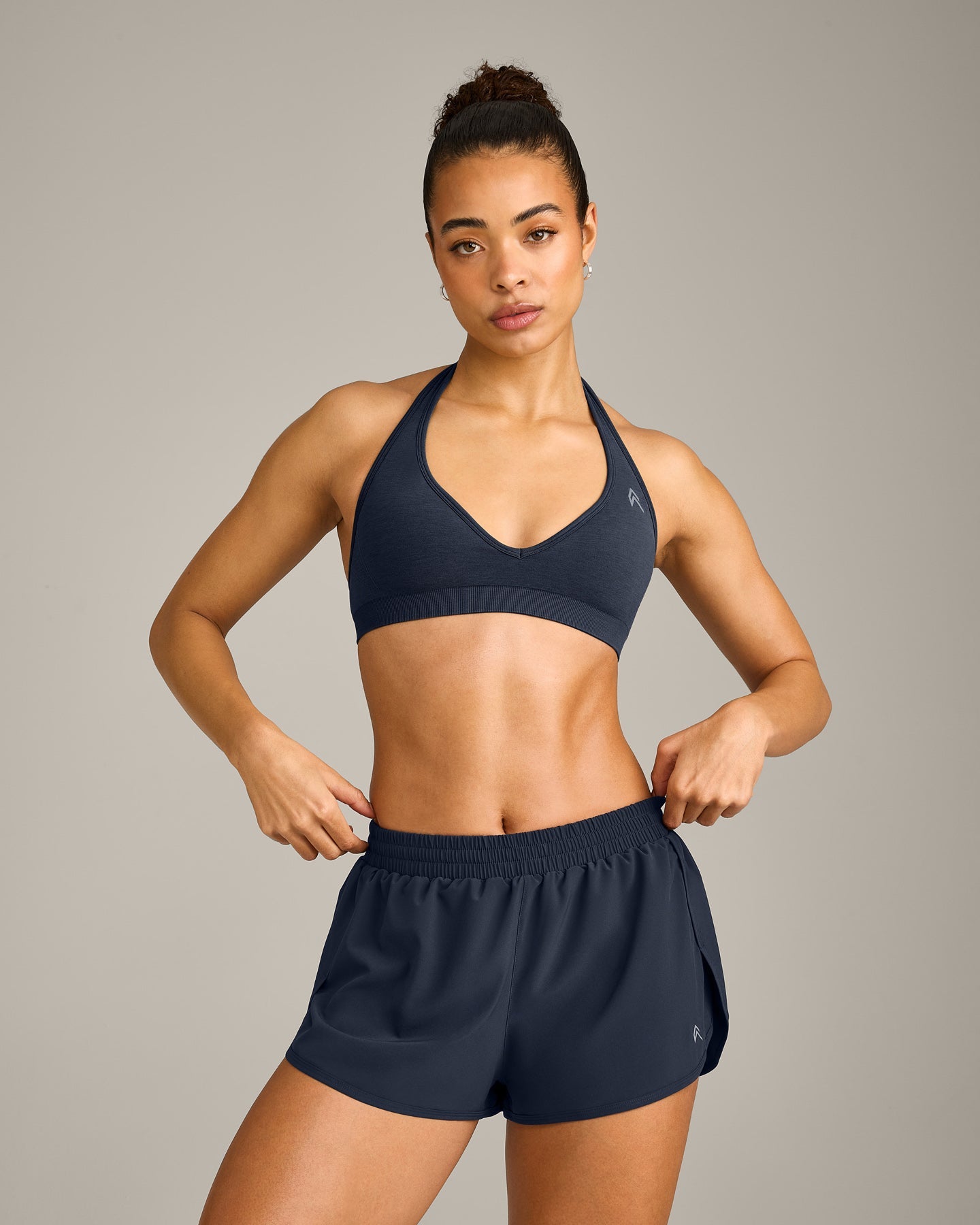 EffortlessLift Seamless Halter Neck Sports Bra with Grey Logo | True Blue