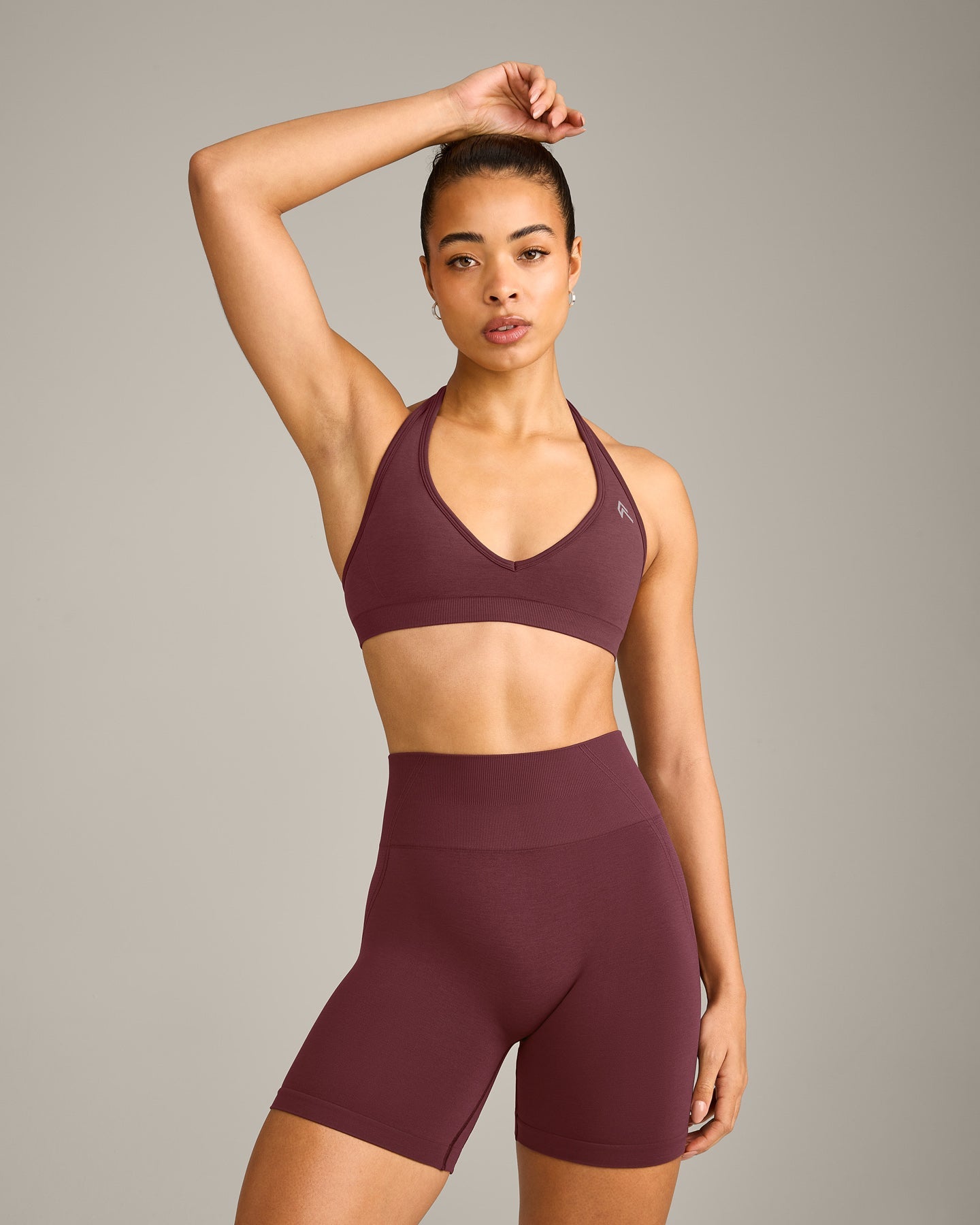 EffortlessLift Seamless Halter Neck Sports Bra with Grey Logo | Velvet Mocha