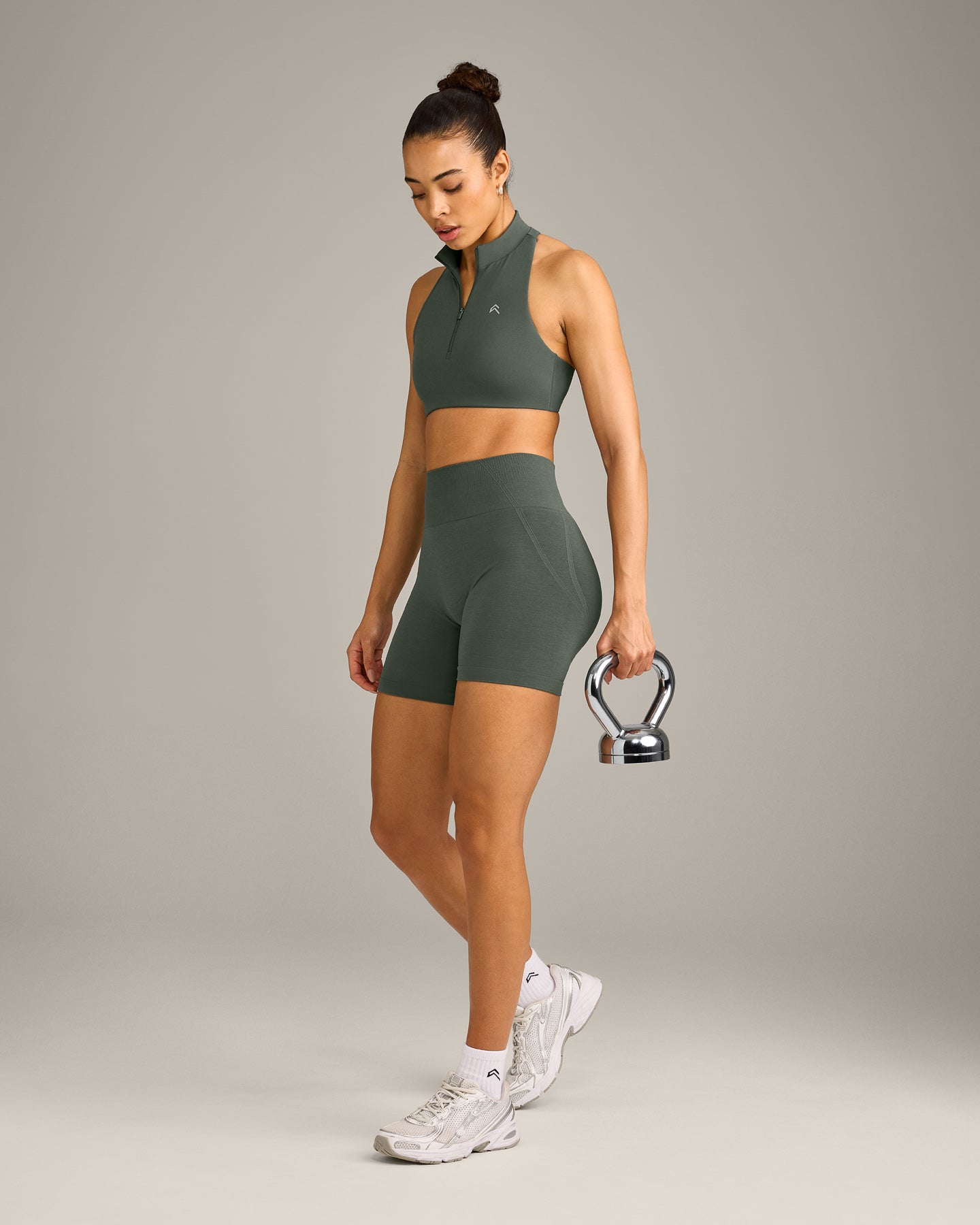 EffortlessLift Seamless Shorts with Grey Logo | Dark Khaki - Image 3