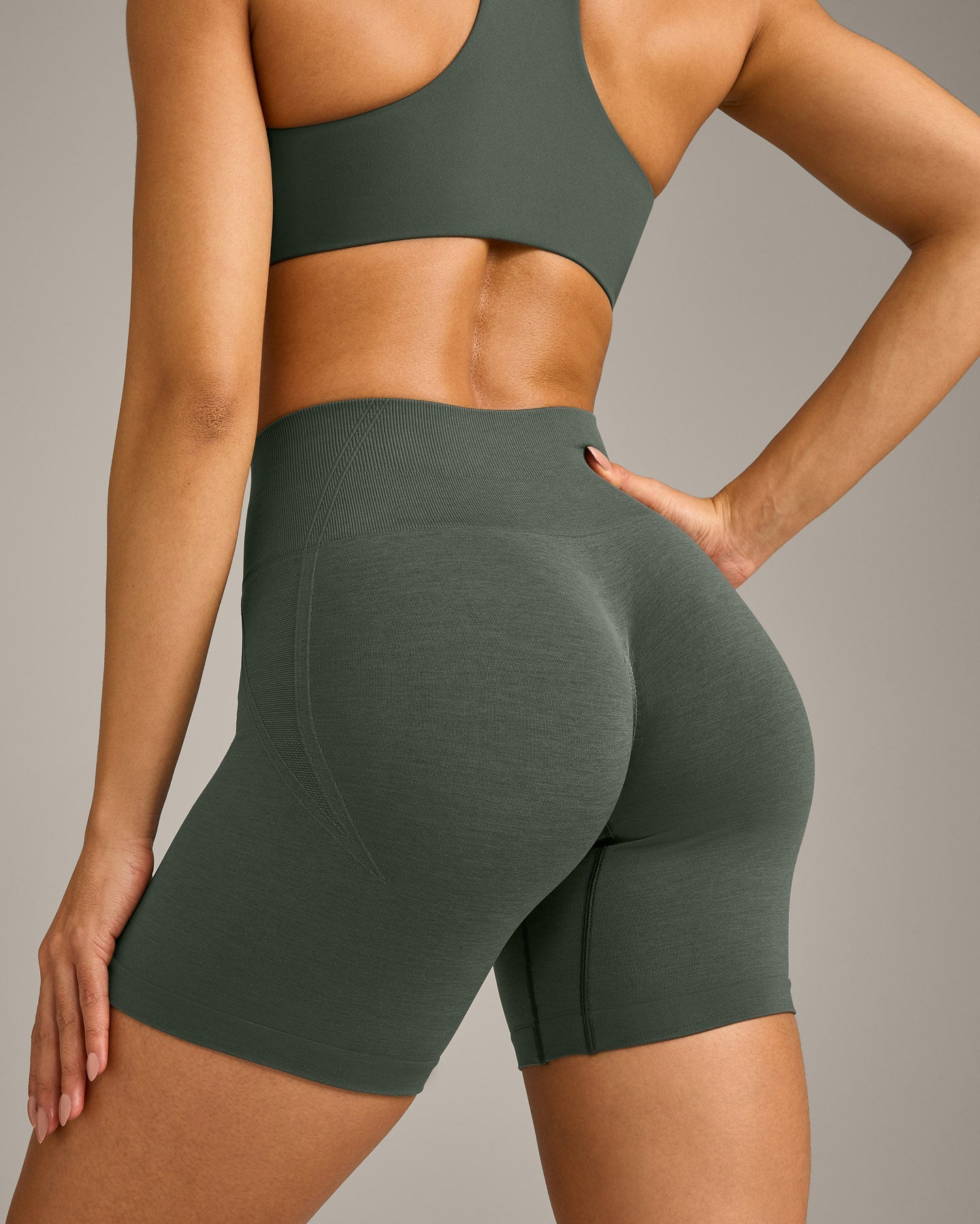 EffortlessLift Seamless Shorts with Grey Logo | Dark Khaki - Image 4