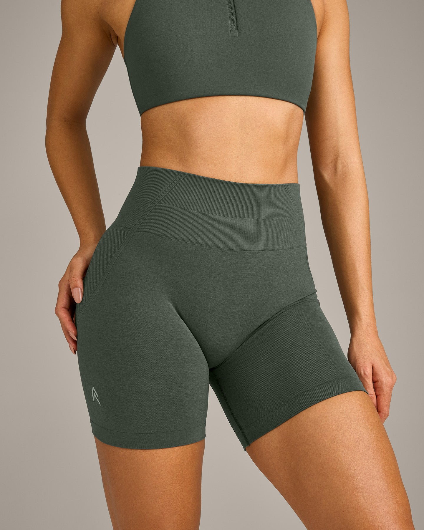 EffortlessLift Seamless Shorts with Grey Logo | Dark Khaki - Image 6
