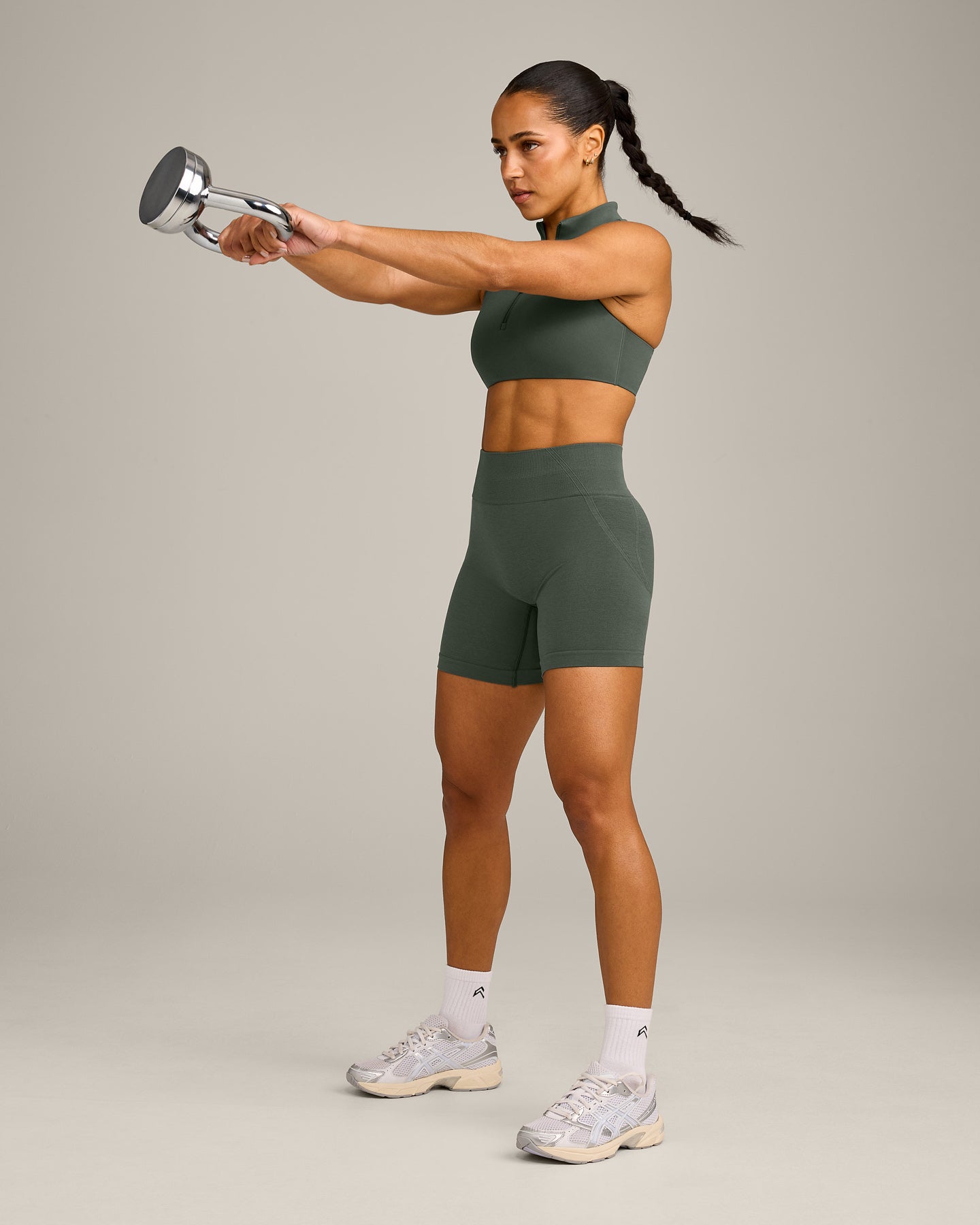EffortlessLift Seamless Mid Rise Shorts with Grey Logo | Dark Khaki - Image 3