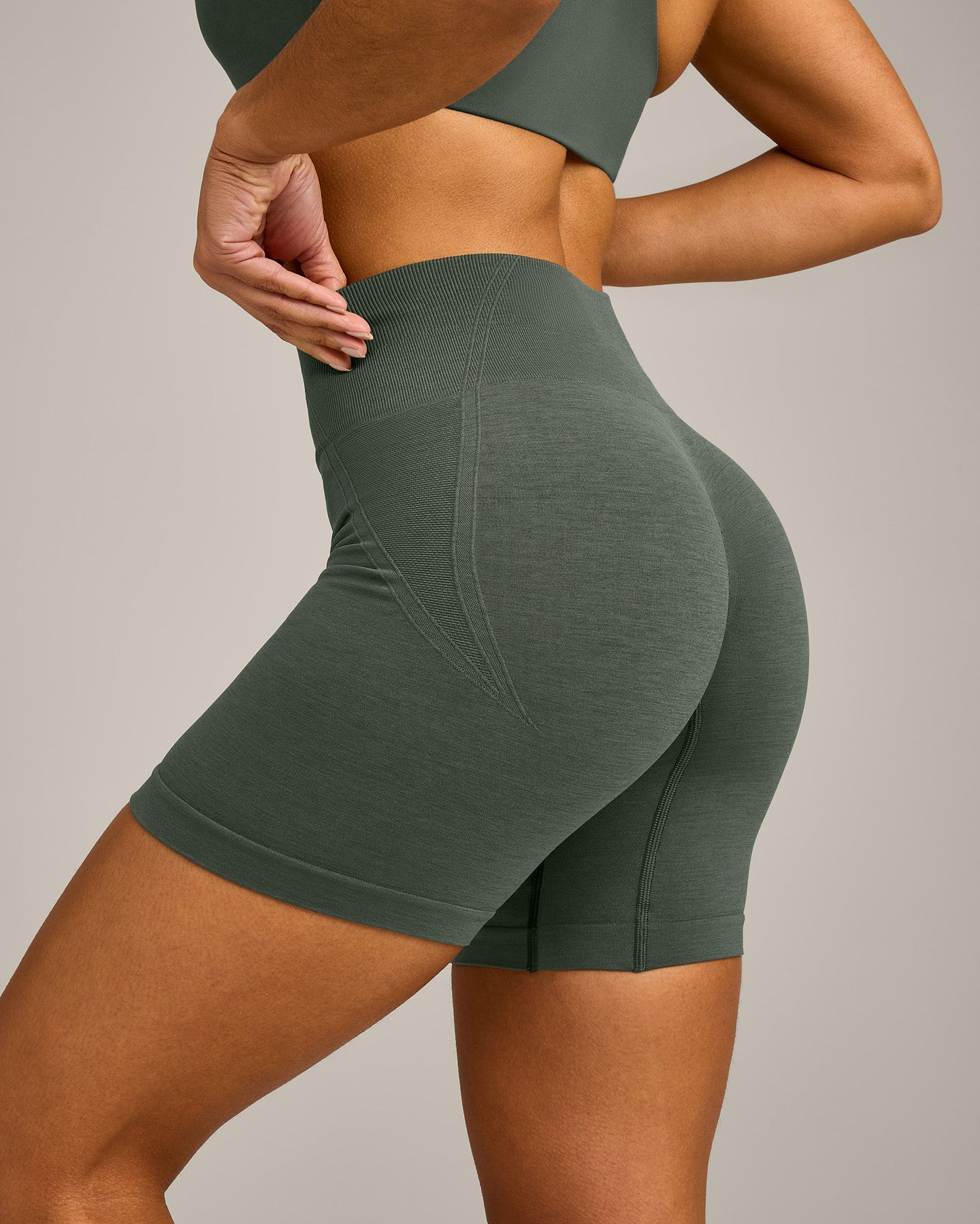 EffortlessLift Seamless Mid Rise Shorts with Grey Logo | Dark Khaki - Image 4