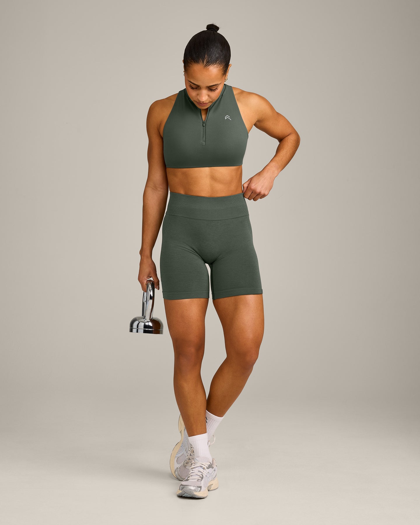 EffortlessLift Seamless Mid Rise Shorts with Grey Logo | Dark Khaki - Image 6