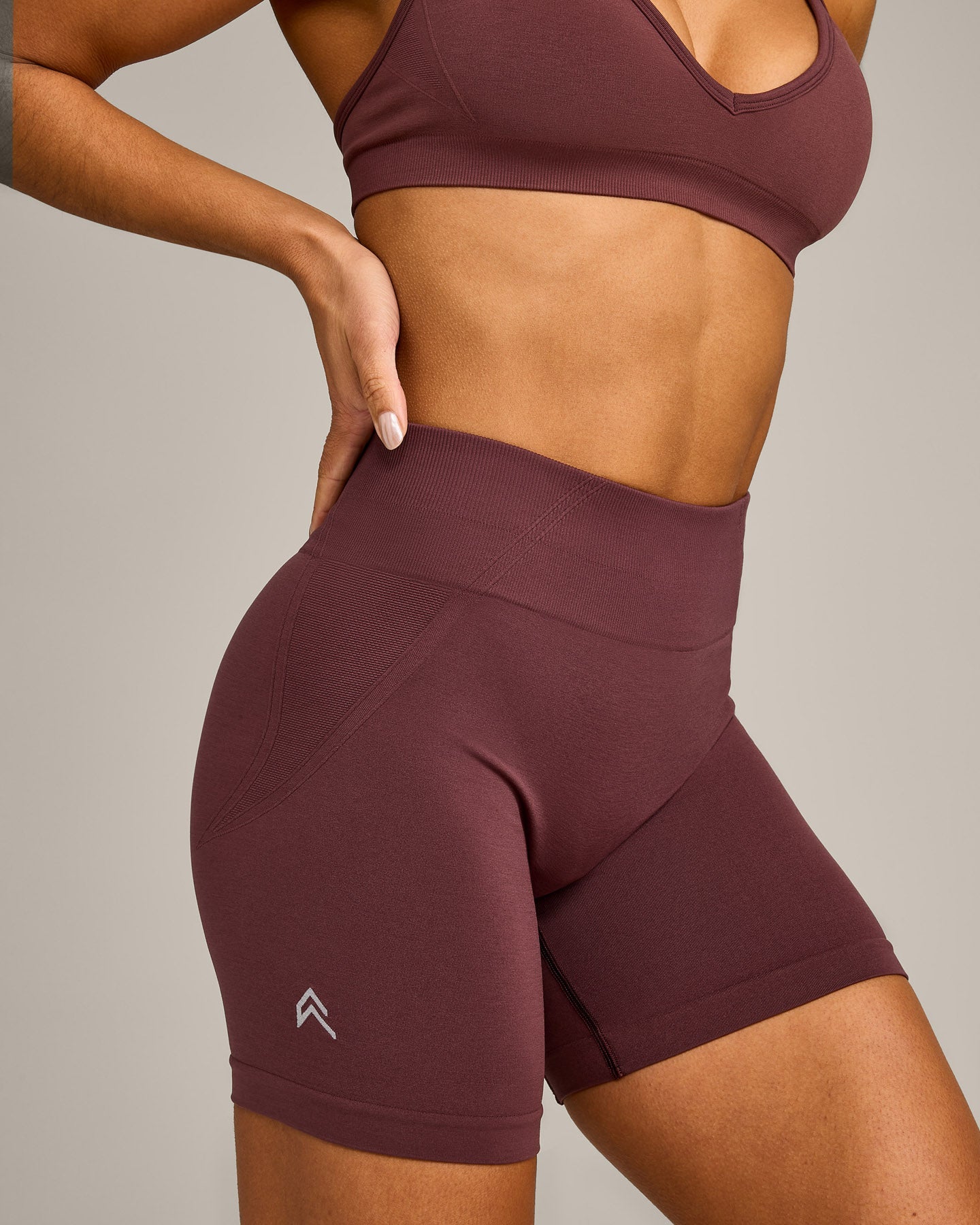 EffortlessLift Seamless Mid Rise Shorts with Grey Logo | Velvet Mocha - Image 5