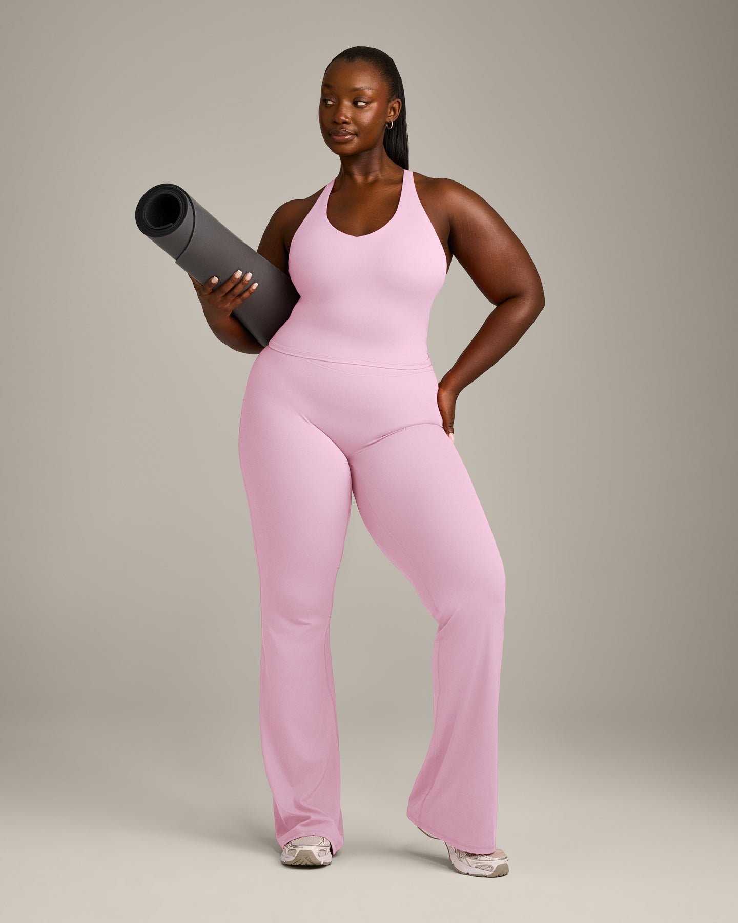 Alternative view of SoftMotion Racer Back Mid Vest with Built in Bra Shelf with Grey Logo | Chalk Pink