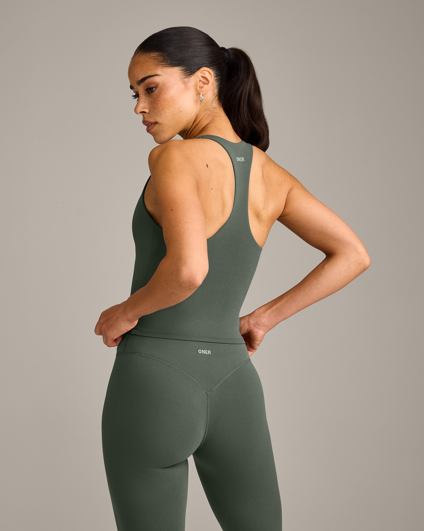 SoftMotion Racer Back Mid Vest with Built in Bra Shelf with Grey Logo | Dark Khaki - Image 6