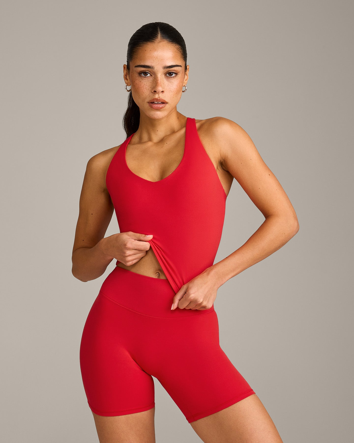 SoftMotion Racer Back Mid Vest with Built in Bra Shelf with Grey Logo | Fiery Red