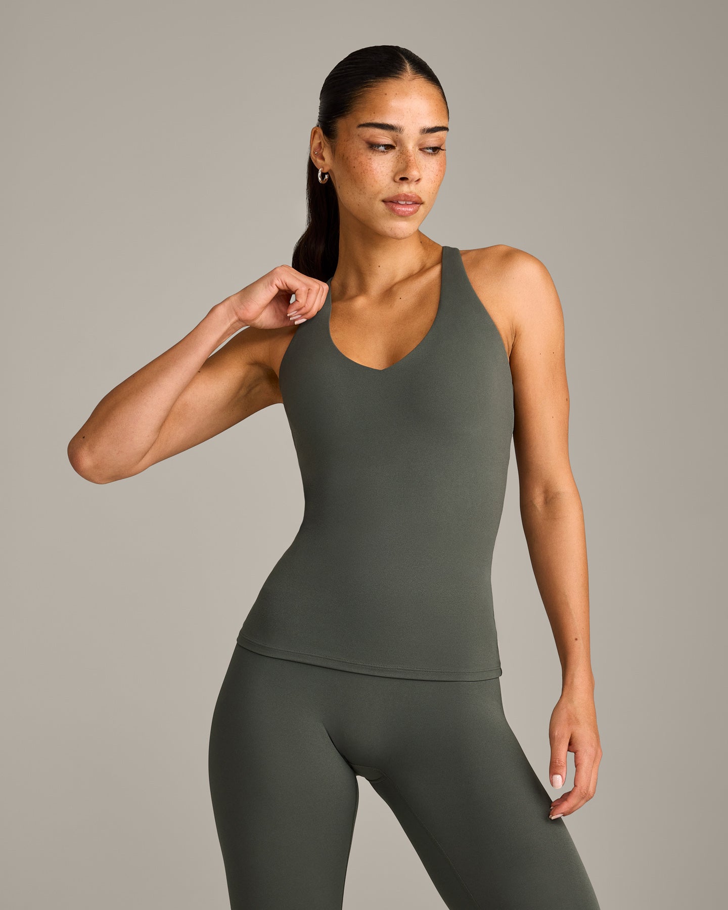 SoftMotion Racer Back Vest with Built in Bra Shelf with Grey Logo | Dark Khaki