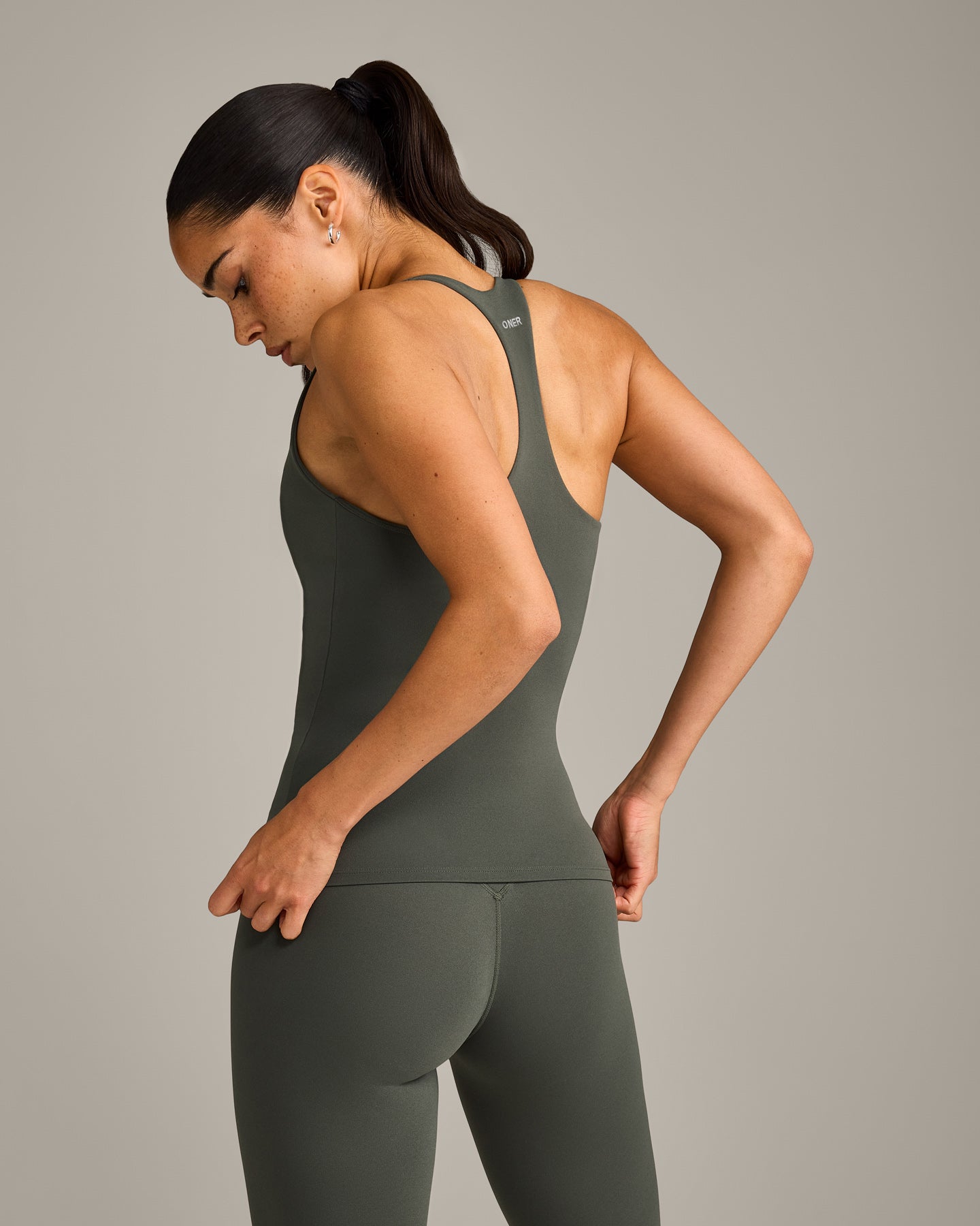Alternative view of SoftMotion Racer Back Vest with Built in Bra Shelf with Grey Logo | Dark Khaki