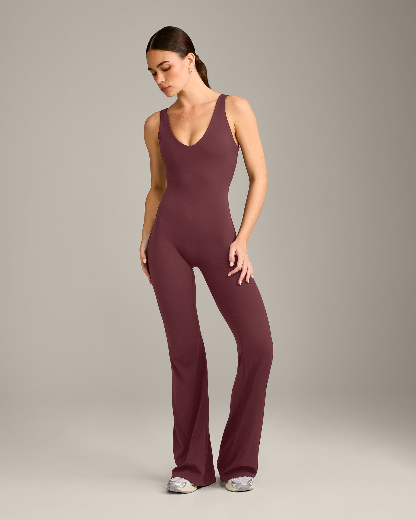 SoftMotion Scoop Back Flared All In One Long with Grey Logo | Velvet Mocha