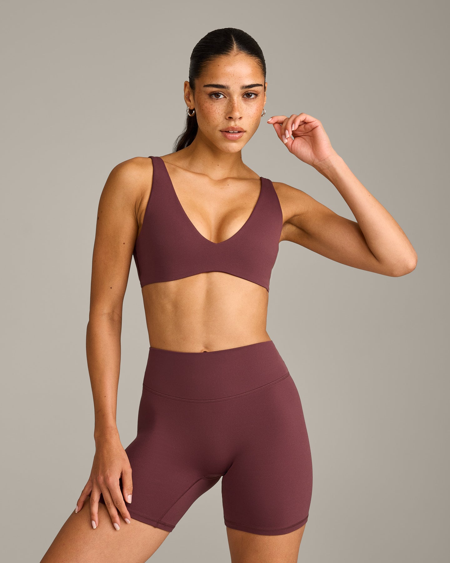 SoftMotion Scoop Back Bralette with Grey Logo | Velvet Mocha
