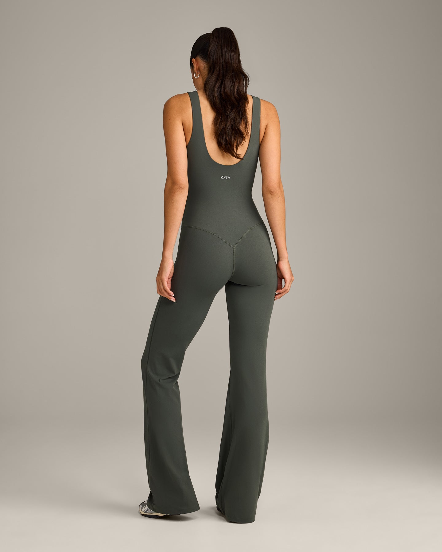 Alternative view of SoftMotion Scoop Back Flared All In One Long with Grey Logo | Dark Khaki
