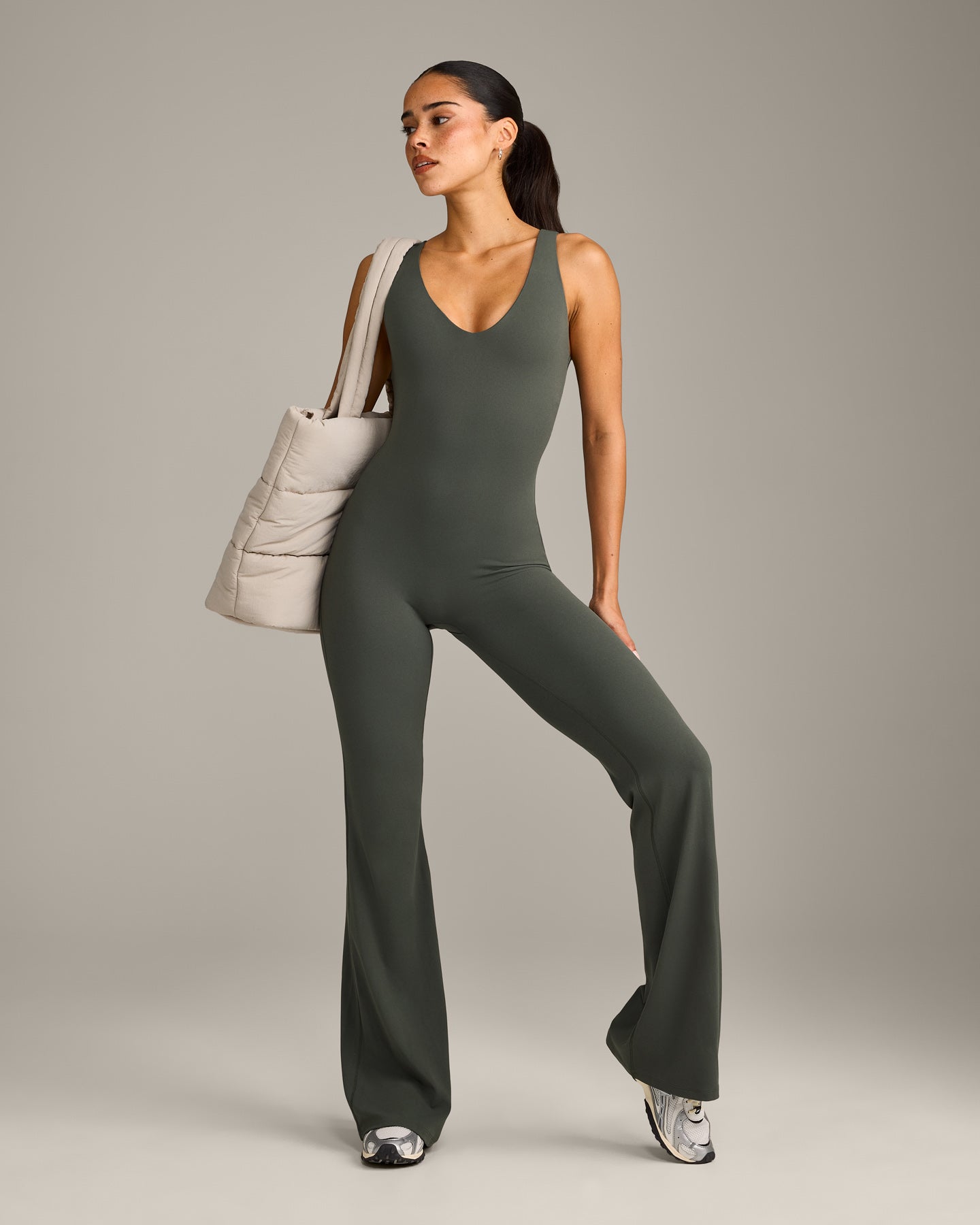 SoftMotion Scoop Back Flared All In One Long with Grey Logo | Dark Khaki - Image 3