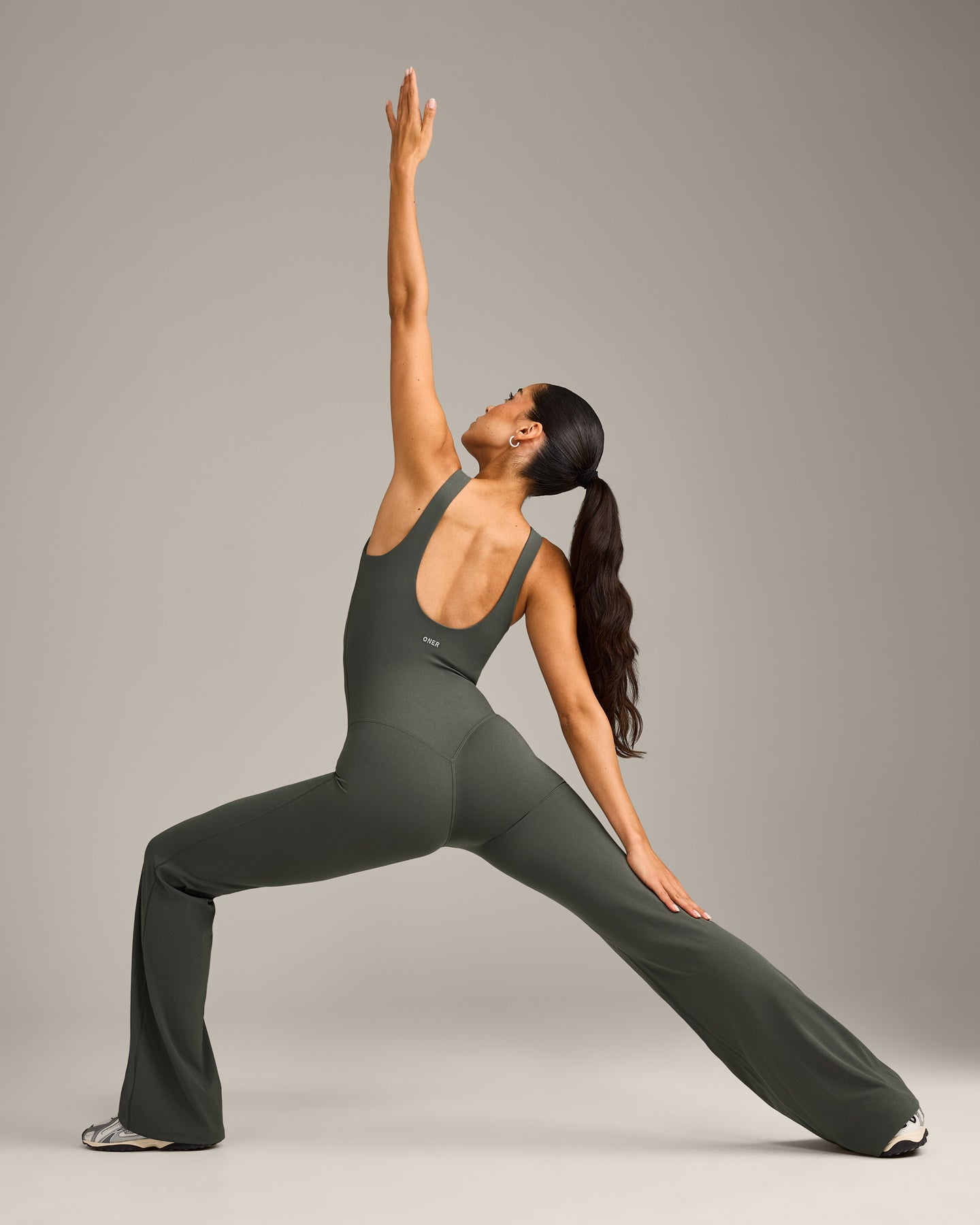 SoftMotion Scoop Back Flared All In One Long with Grey Logo | Dark Khaki - Image 6
