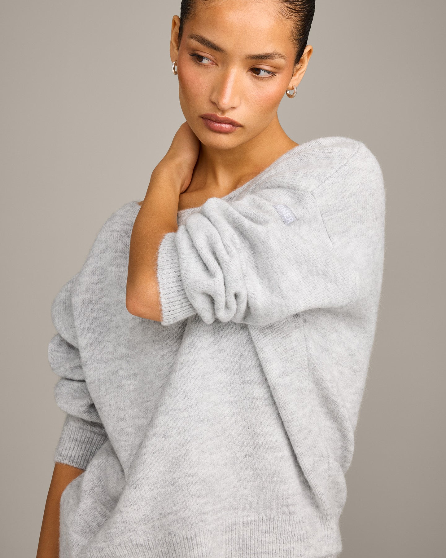 Alternative view of Oversized Knit Off-The-Shoulder Sweater | Light Grey Marl