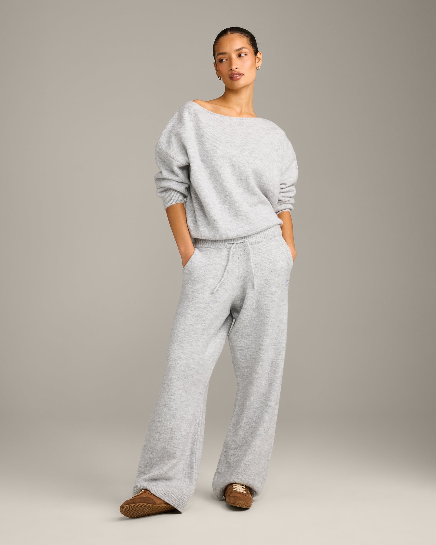Oversized Knit Straight Leg Bottoms | Light Grey Marl - Image 3