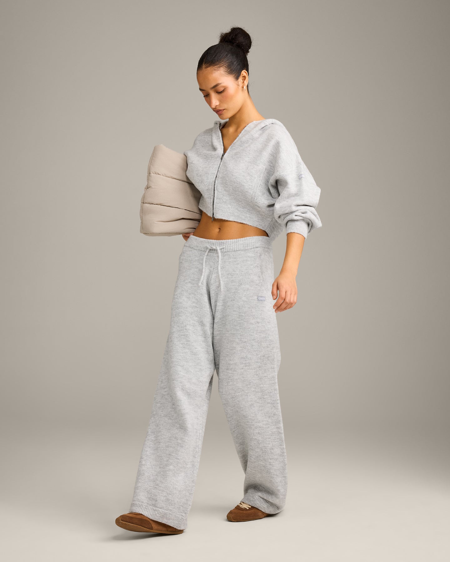 Oversized Knit Zip Through Mid Hoodie | Light Grey Marl - Image 3