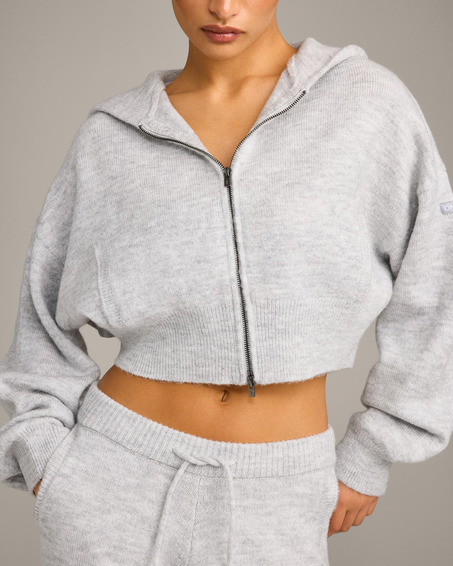 Oversized Knit Zip Through Mid Hoodie | Light Grey Marl - Image 5