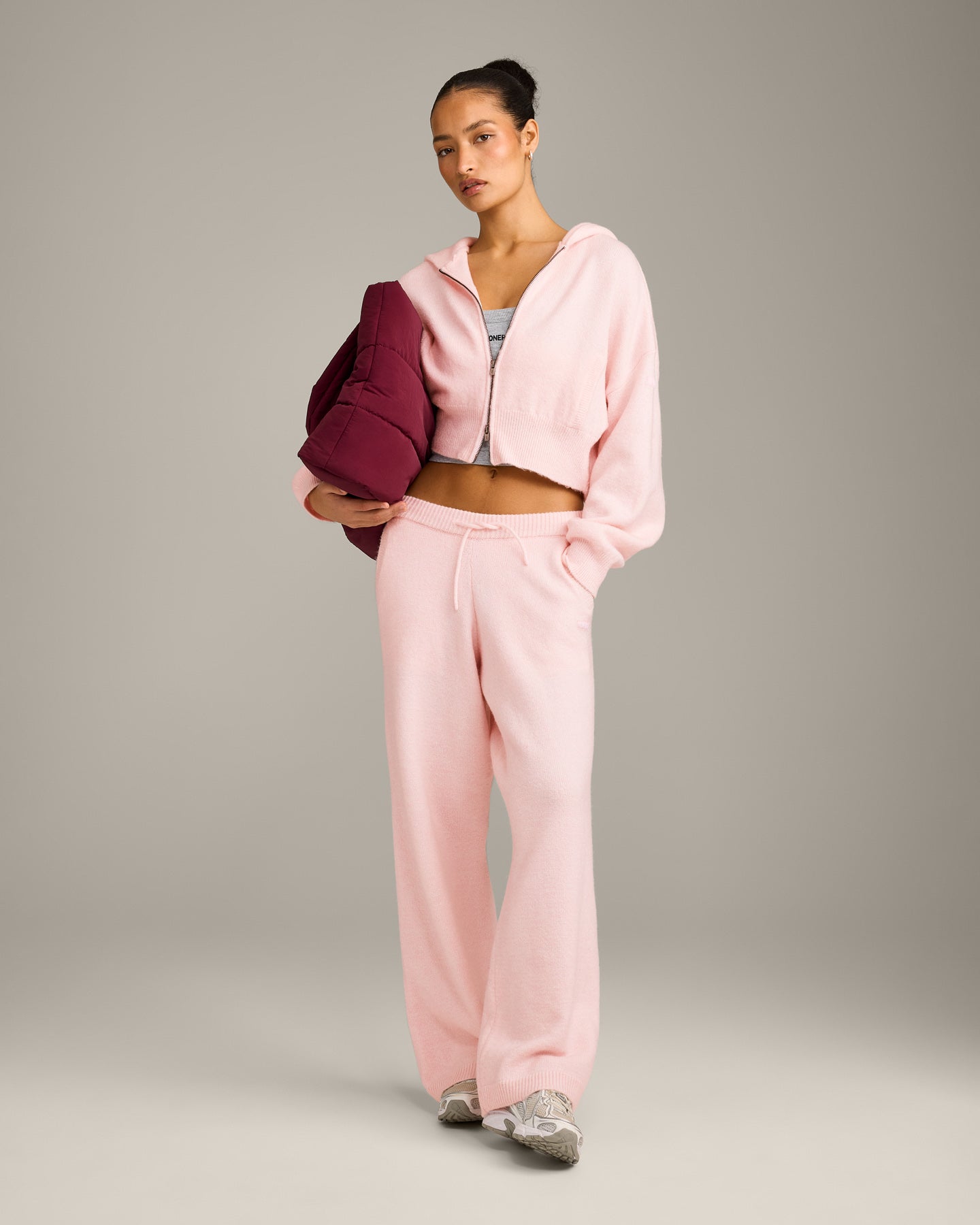 Oversized Knit Zip Through Mid Hoodie | Soft Girl Pink - Image 3