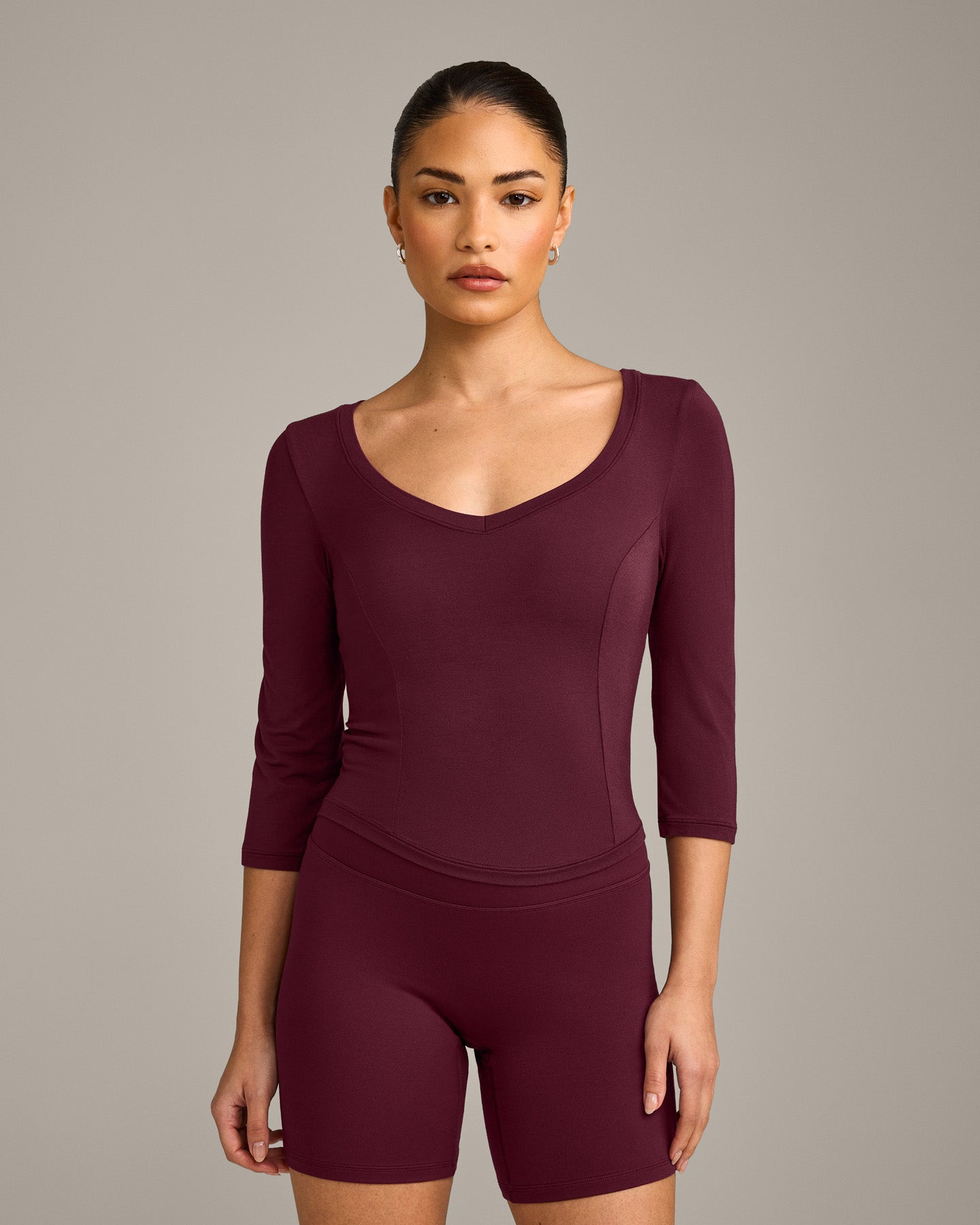 Mellow Motion Wide V Neck 3/4 Length Sleeve Mid Top | Cherry Lacquer Purple