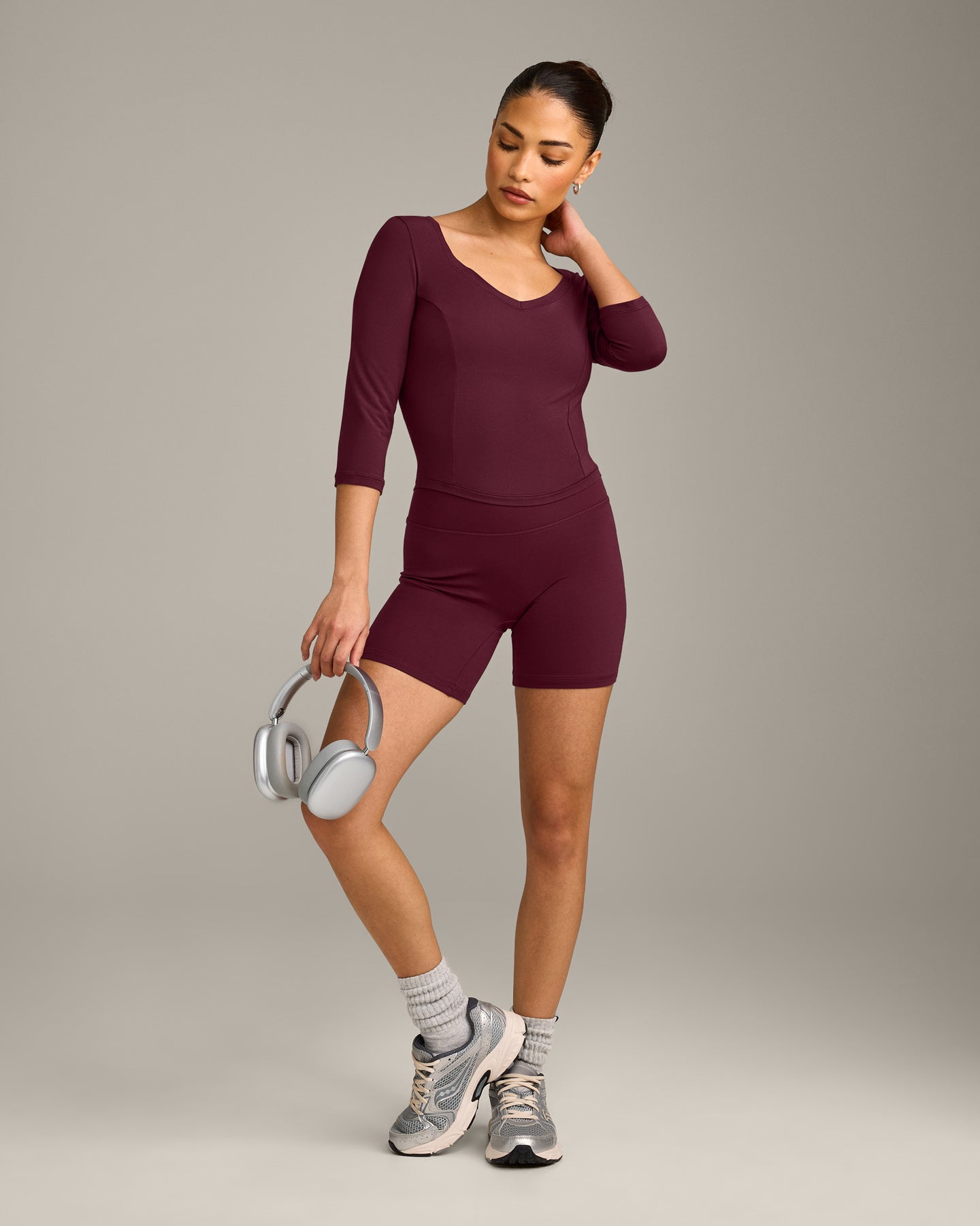 Mellow Motion Wide V Neck 3/4 Length Sleeve Mid Top | Cherry Lacquer Purple - Image 3