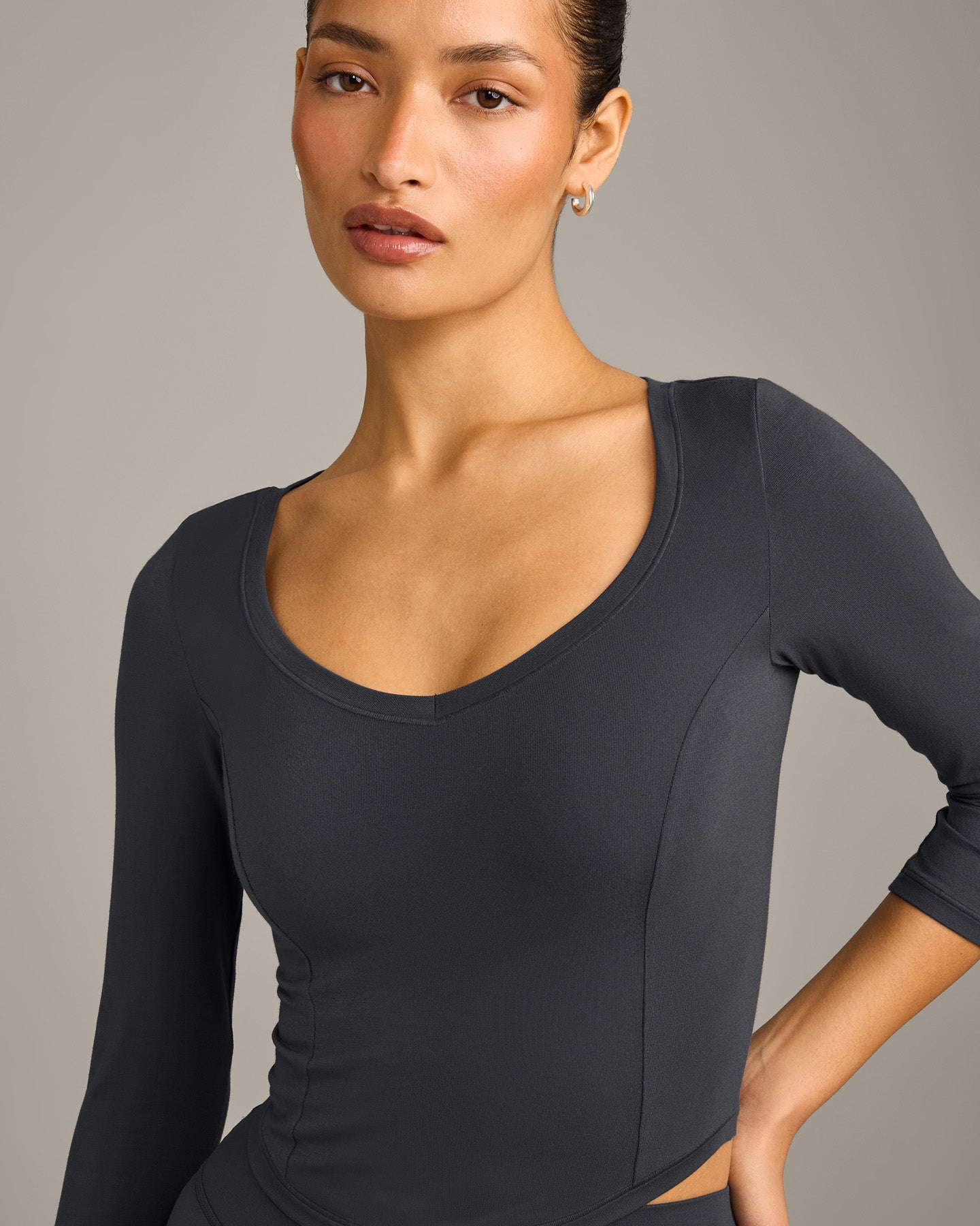 Alternative view of Mellow Motion Wide V Neck 3/4 Length Sleeve Mid Top | Coal