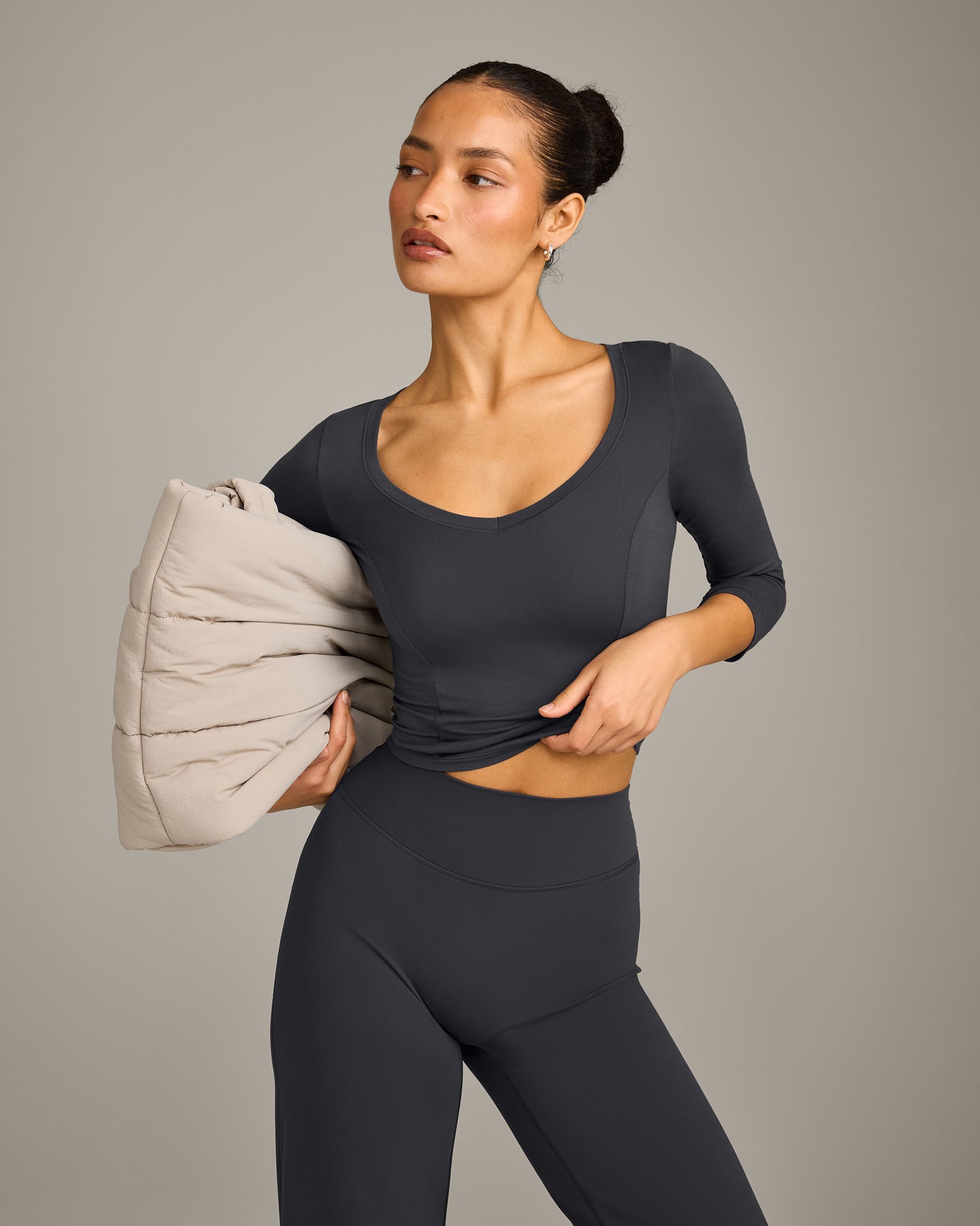 Mellow Motion Wide V Neck 3/4 Length Sleeve Mid Top | Coal - Image 4