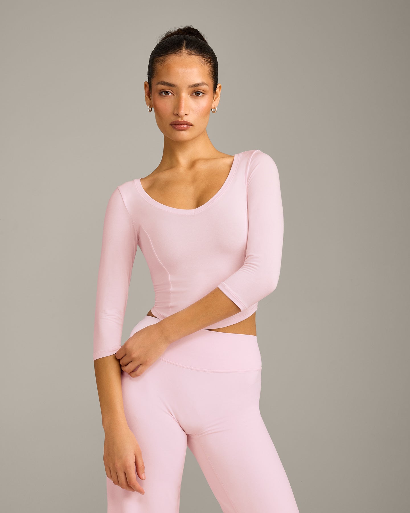 Mellow Motion Wide V Neck 3/4 Length Sleeve Mid Top | Soft Girl Pink