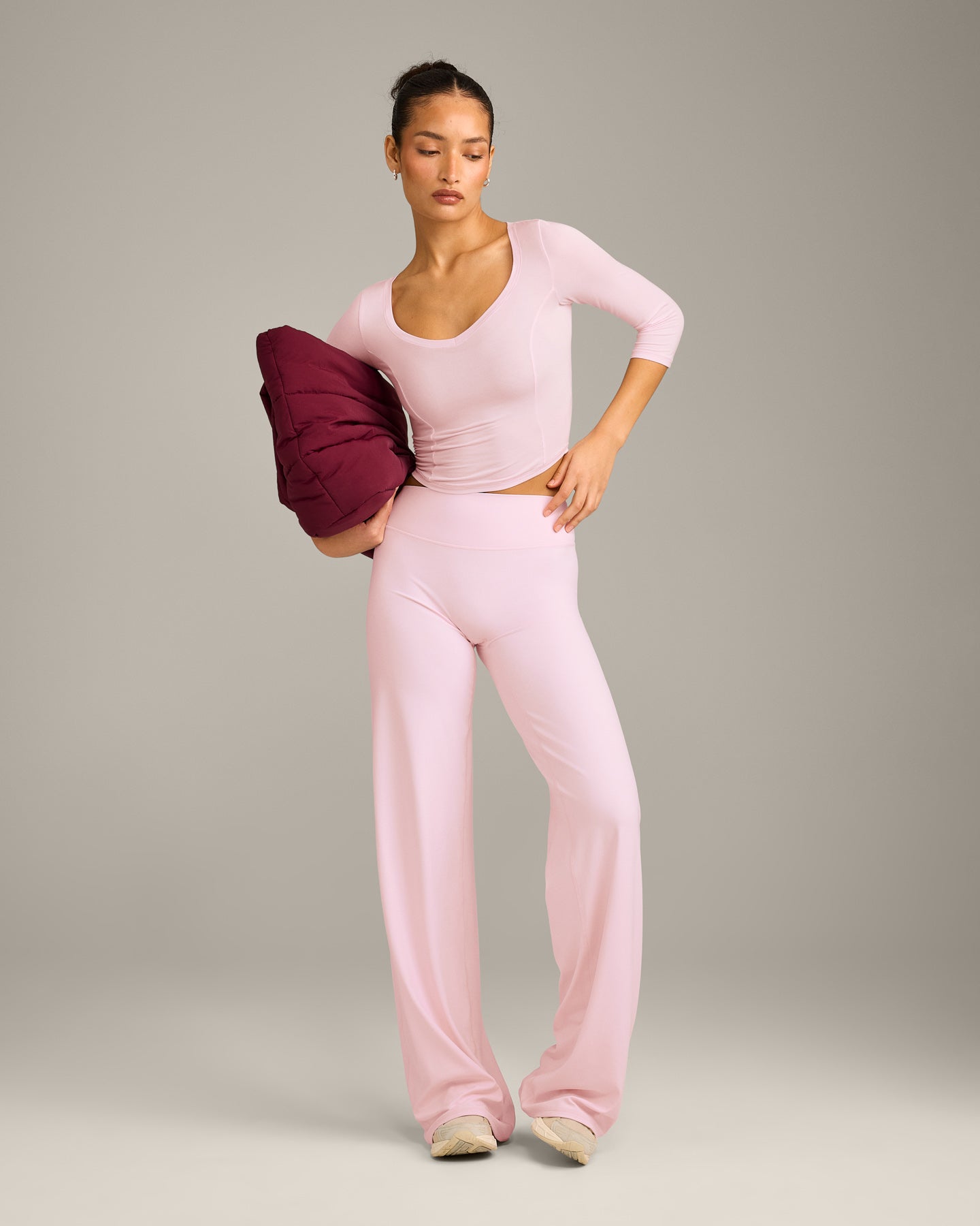 Mellow Motion Wide V Neck 3/4 Length Sleeve Mid Top | Soft Girl Pink - Image 3