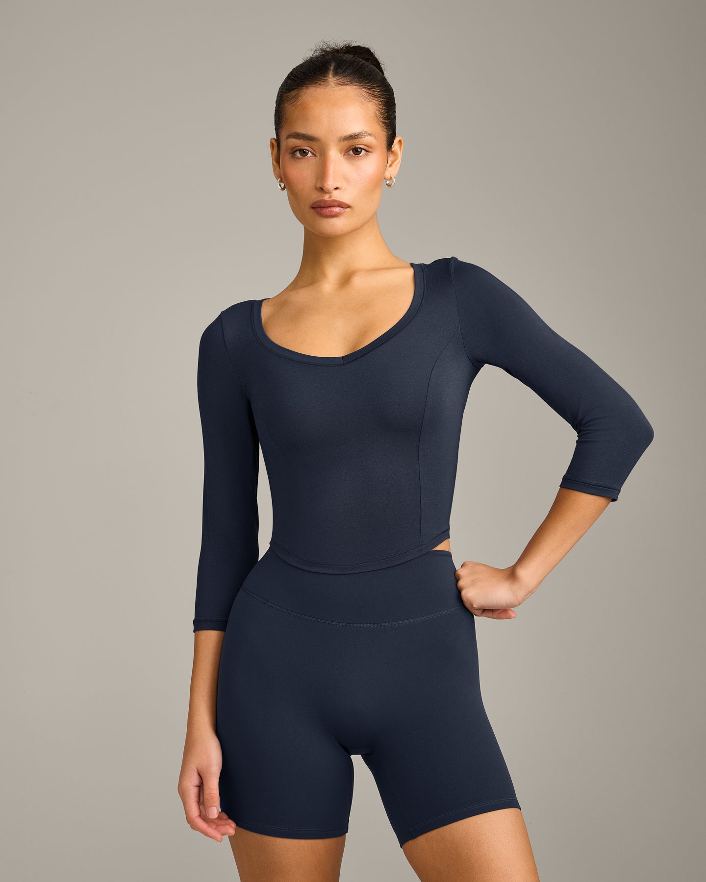 Mellow Motion Wide V Neck 3/4 Length Sleeve Mid Top | True Blue
