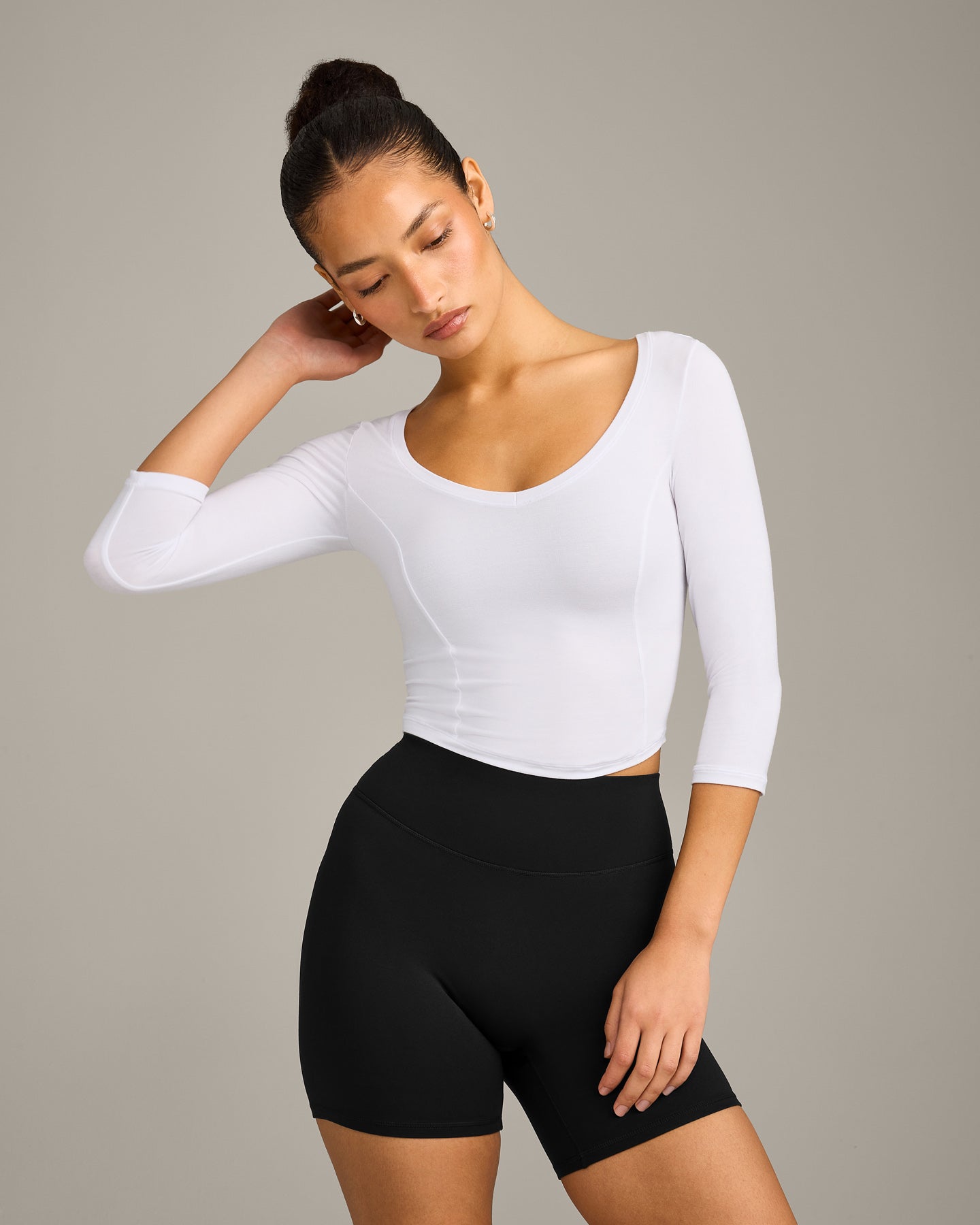 Mellow Motion Wide V Neck 3/4 Length Sleeve Mid Top | White