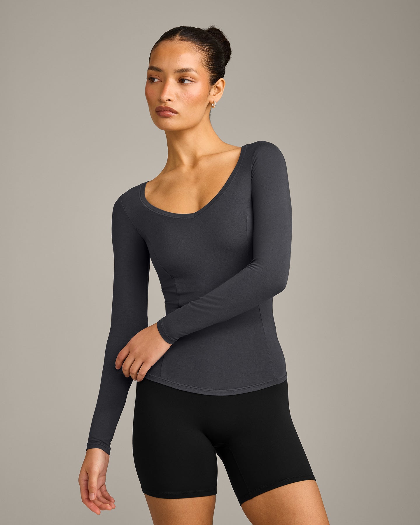 Mellow Motion Wide V Neck Long Sleeve Top | Coal