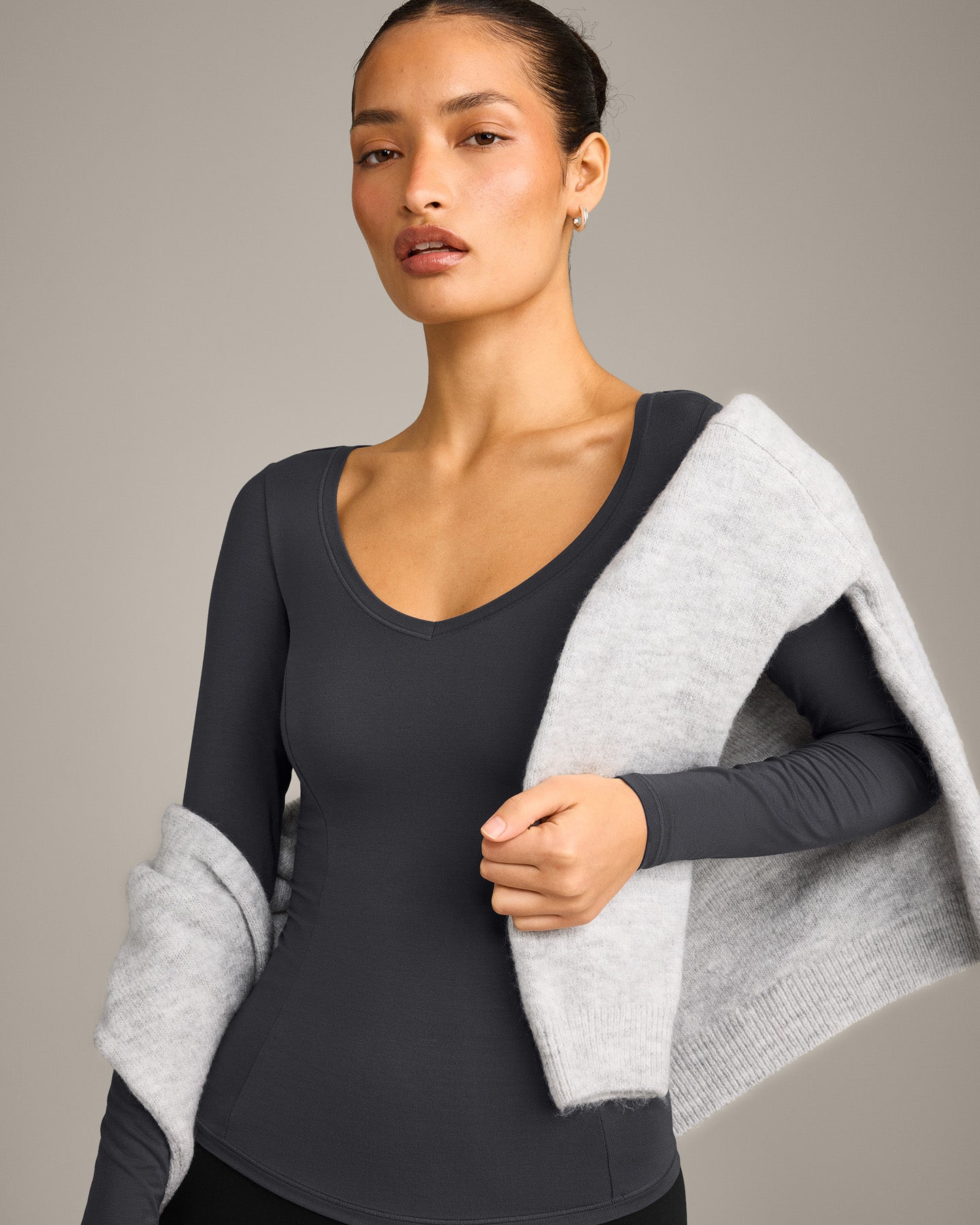 Mellow Motion Wide V Neck Long Sleeve Top | Coal - Image 3