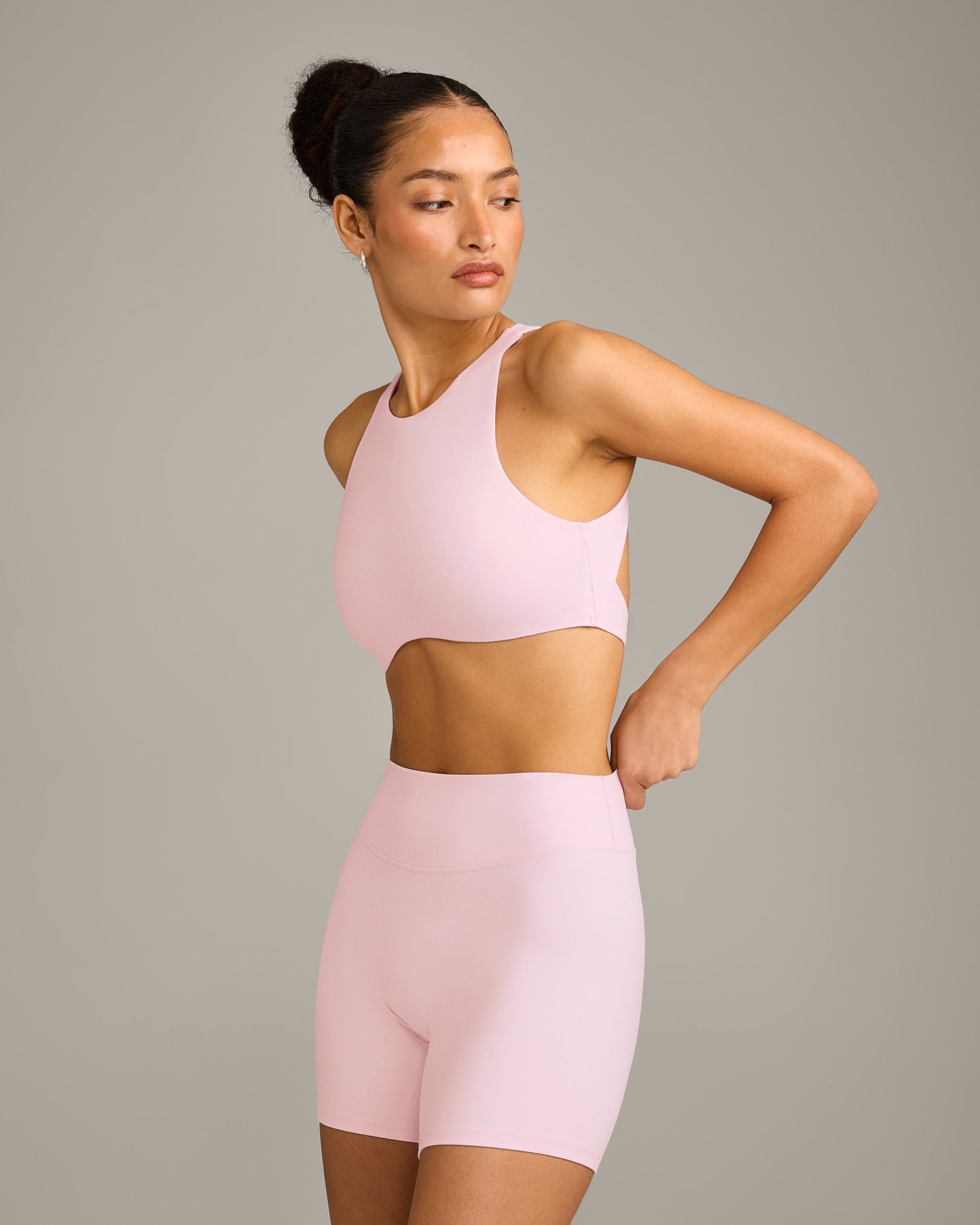 SoftMotion High Neck Sports Bra with Grey Logo | Soft Girl Pink