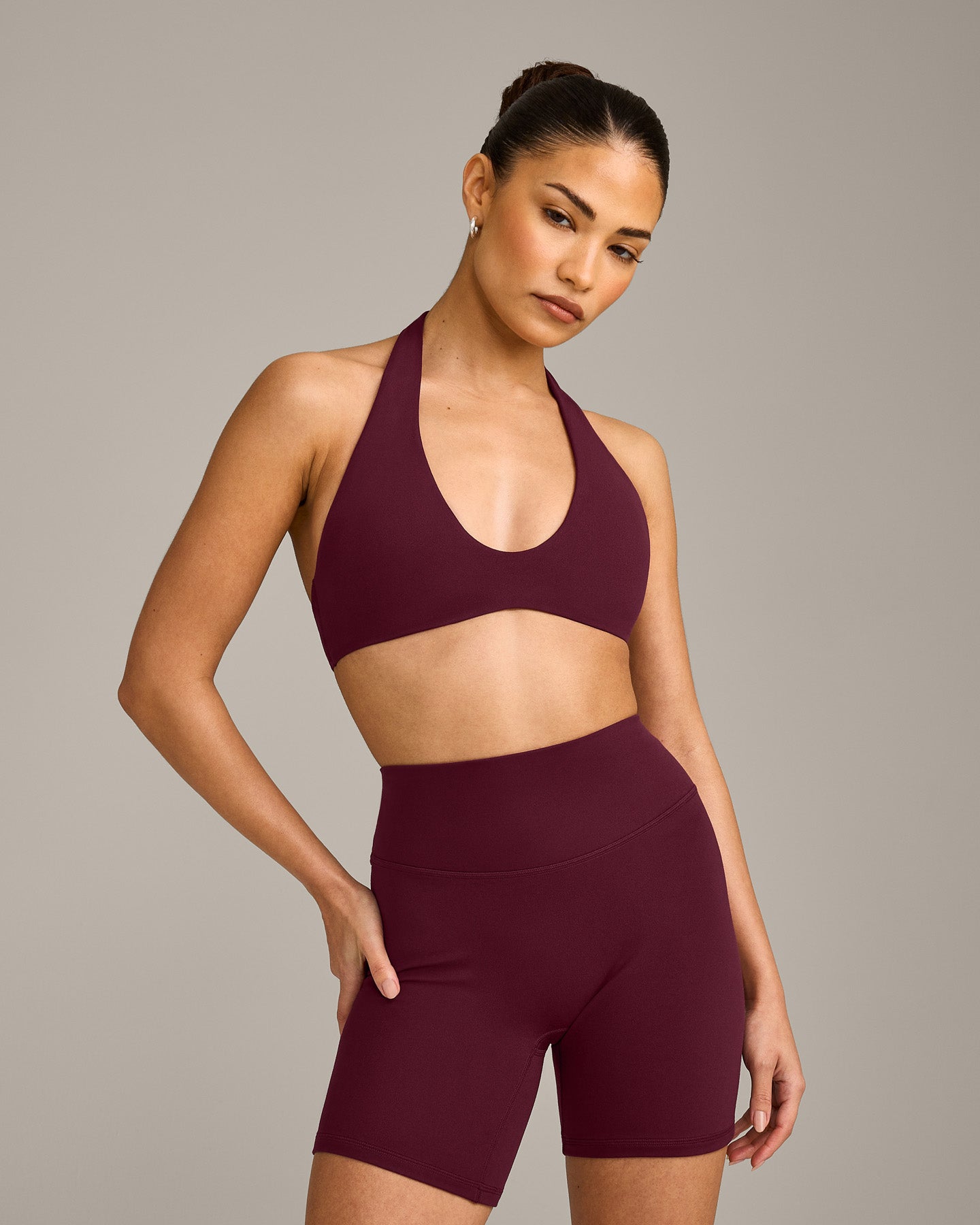 SoftMotion Minimal Halter Neck Bralette with Grey Logo | Cherry Lacquer Purple