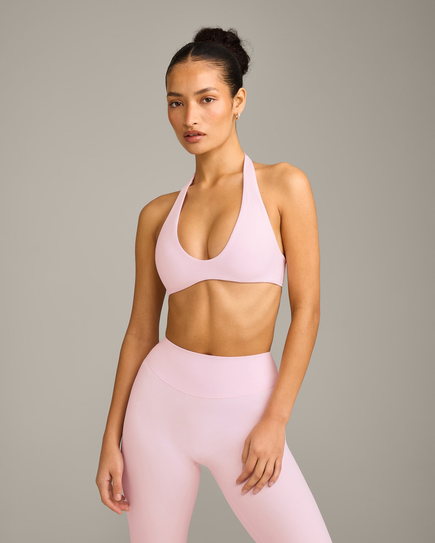 SoftMotion Minimal Halter Neck Bralette with Grey Logo | Soft Girl Pink