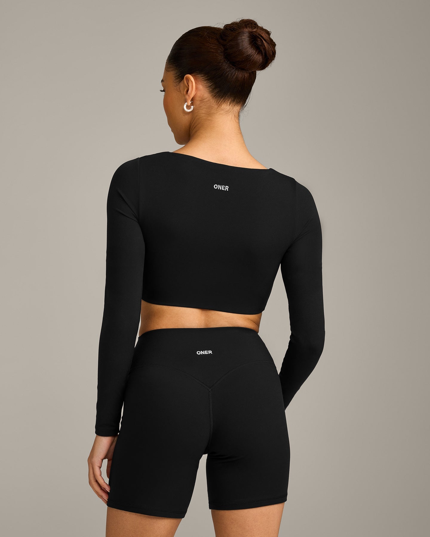SoftMotion Scoop Neck Long Sleeve Crop Top with Built in Bra Shelf with Grey Logo | Black - Image 6