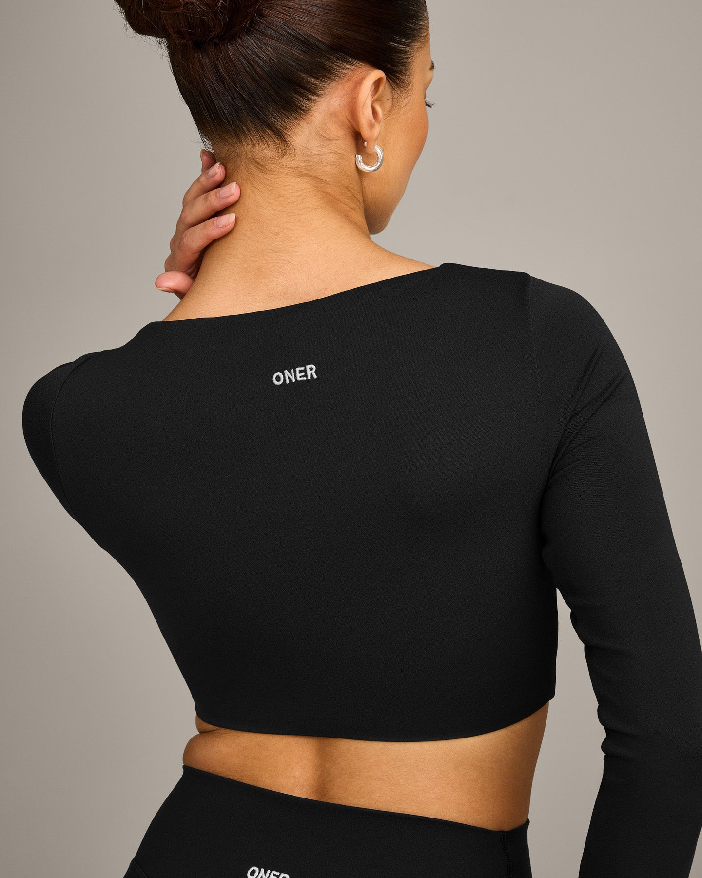 SoftMotion Scoop Neck Long Sleeve Crop Top with Built in Bra Shelf with Grey Logo | Black - Image 4