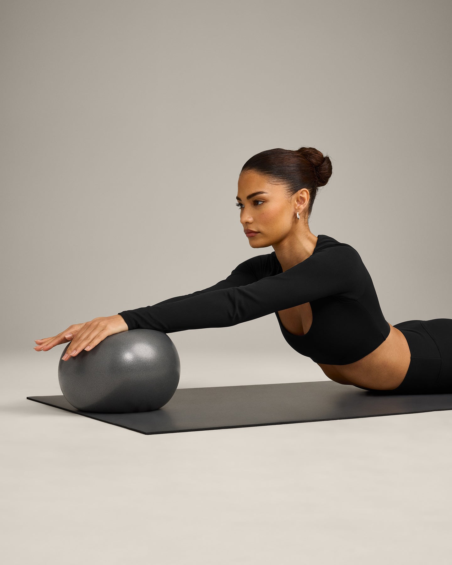 SoftMotion Scoop Neck Long Sleeve Crop Top with Built in Bra Shelf with Grey Logo | Black - Image 5