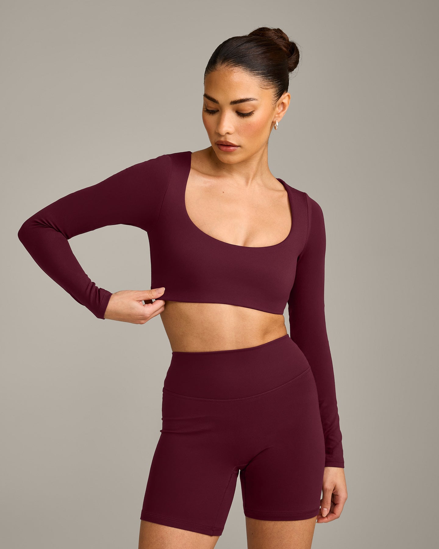 SoftMotion Scoop Neck Long Sleeve Crop Top with Built in Bra Shelf with Grey Logo | Cherry Lacquer Purple