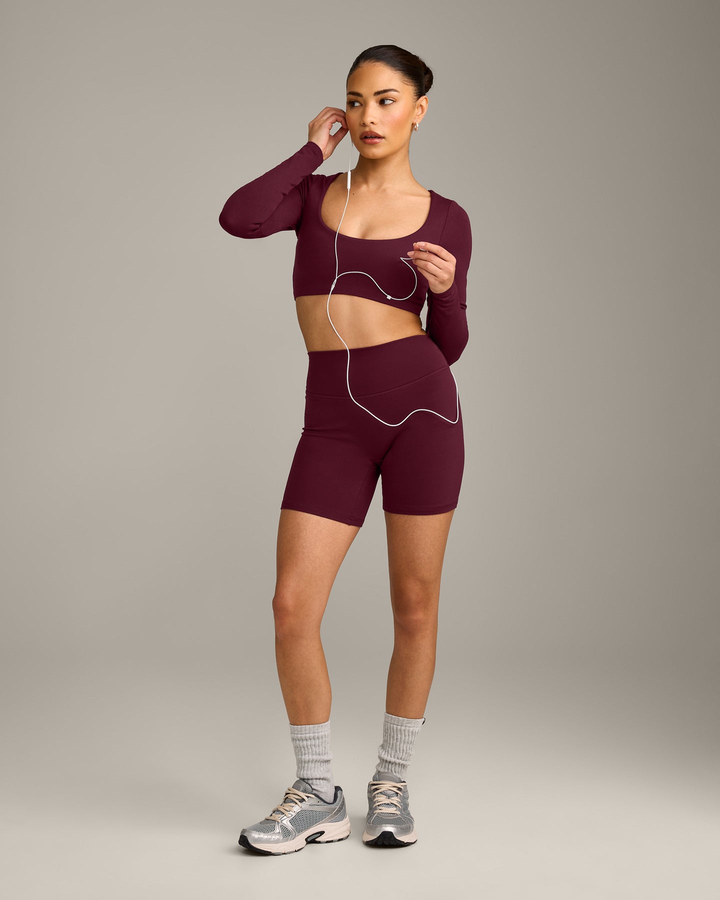 SoftMotion Scoop Neck Long Sleeve Crop Top with Built in Bra Shelf with Grey Logo | Cherry Lacquer Purple - Image 3