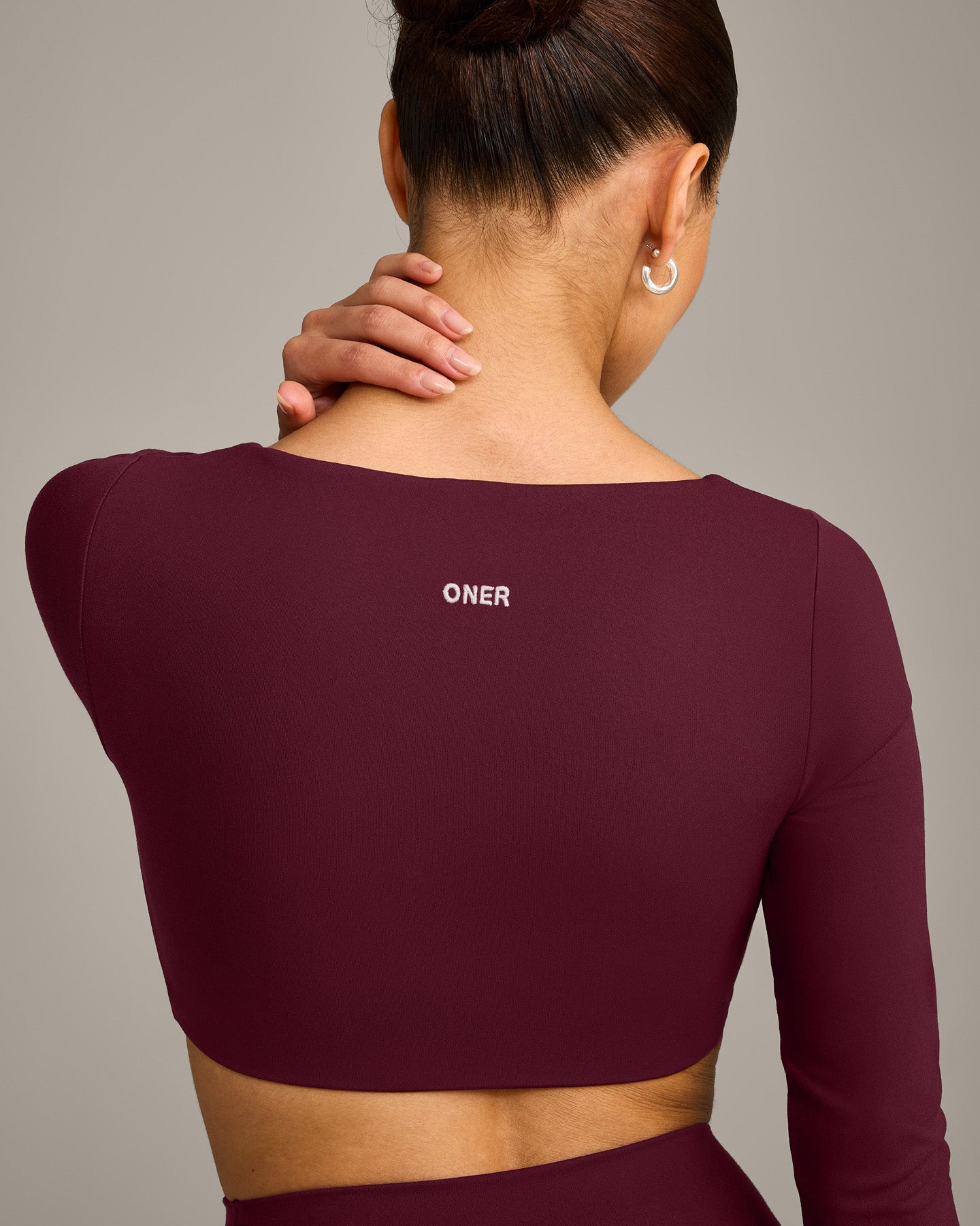 SoftMotion Scoop Neck Long Sleeve Crop Top with Built in Bra Shelf with Grey Logo | Cherry Lacquer Purple - Image 4