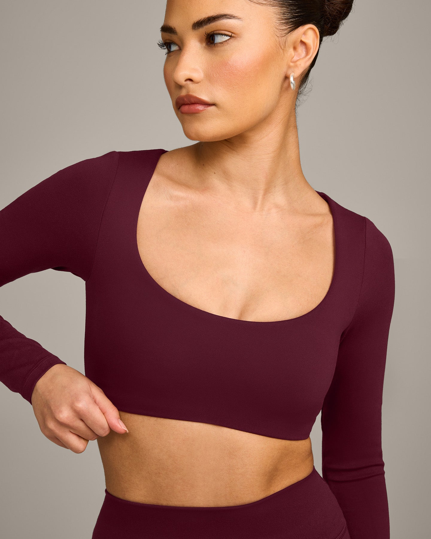 SoftMotion Scoop Neck Long Sleeve Crop Top with Built in Bra Shelf with Grey Logo | Cherry Lacquer Purple - Image 5