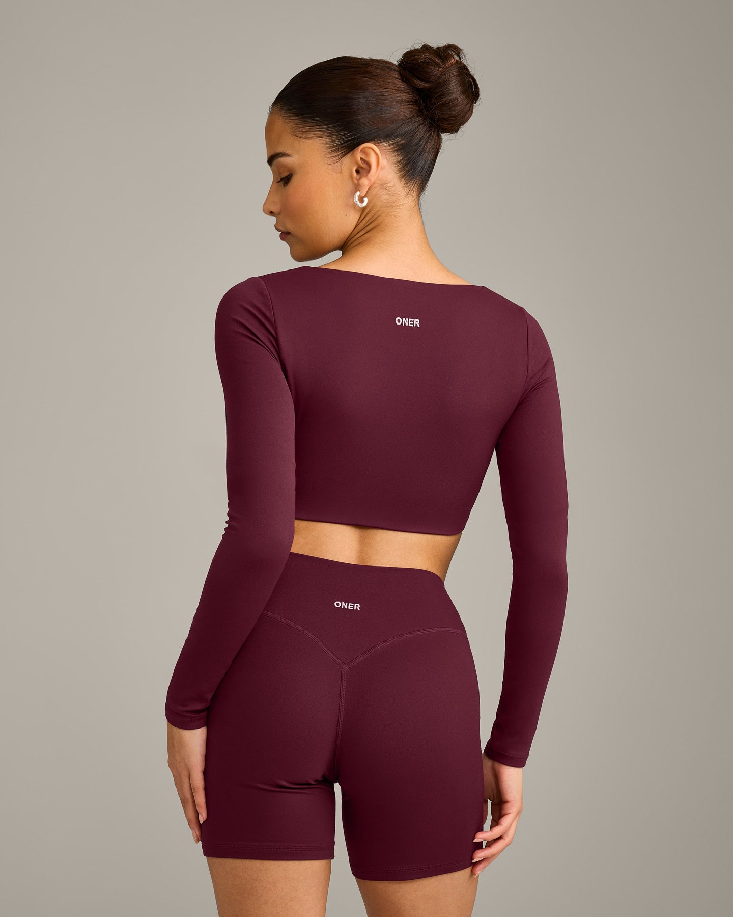 SoftMotion Scoop Neck Long Sleeve Crop Top with Built in Bra Shelf with Grey Logo | Cherry Lacquer Purple - Image 6