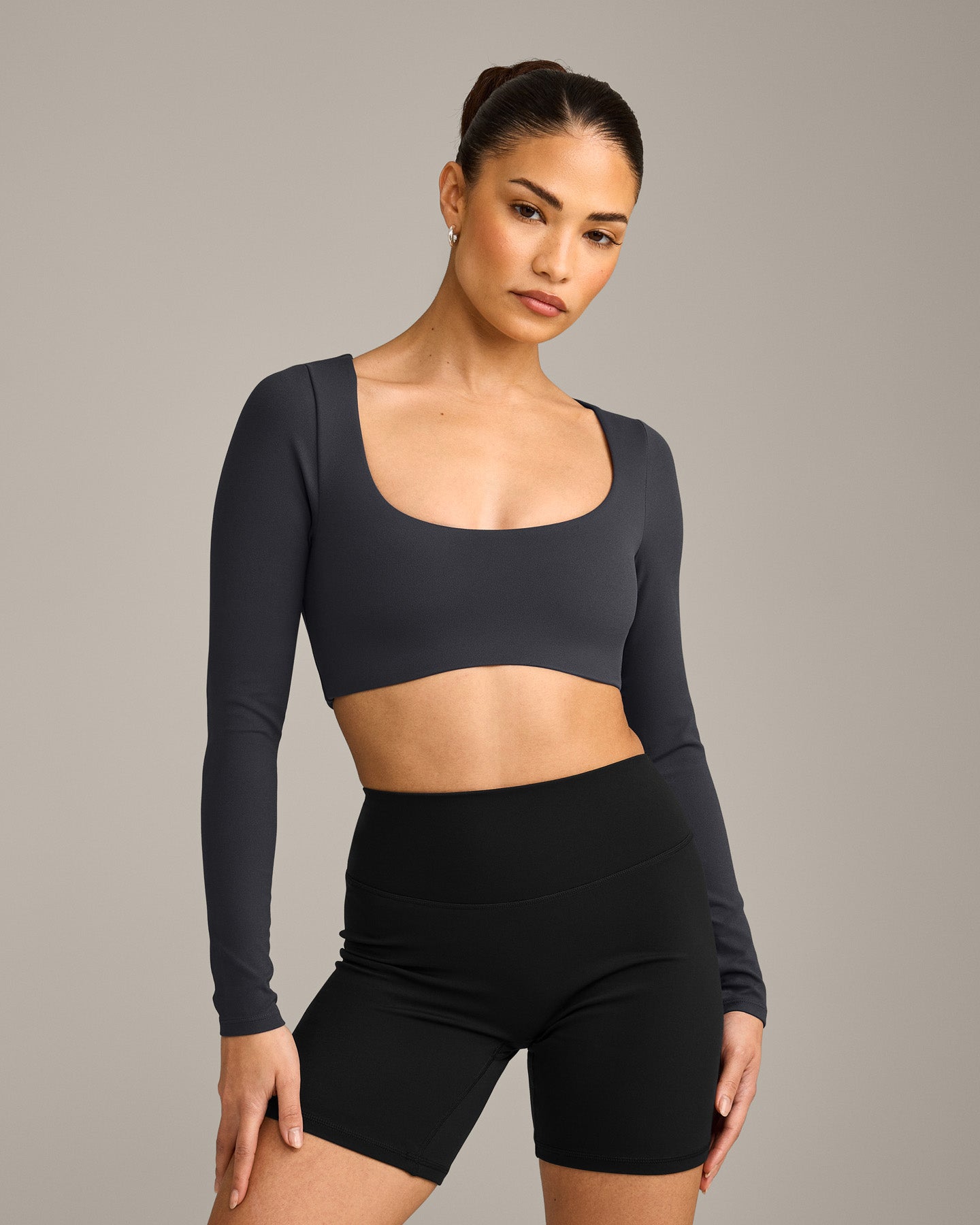 SoftMotion Scoop Neck Long Sleeve Crop Top with Built in Bra Shelf with Grey Logo | Coal